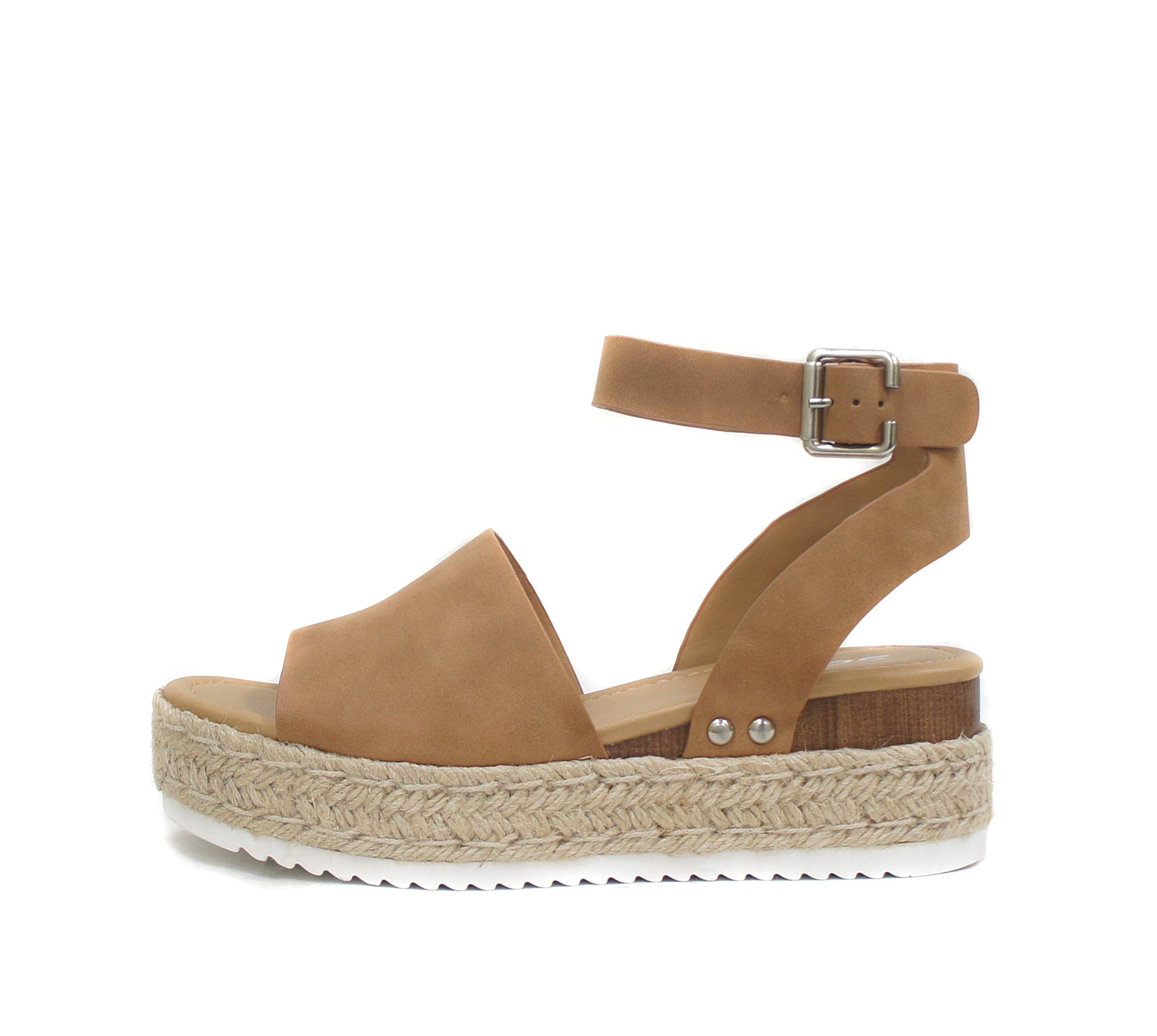 Soda Topic Open Toe Buckle Ankle Strap Espadrilles Flatform Wedge Casual Sandal (Tan, 10)