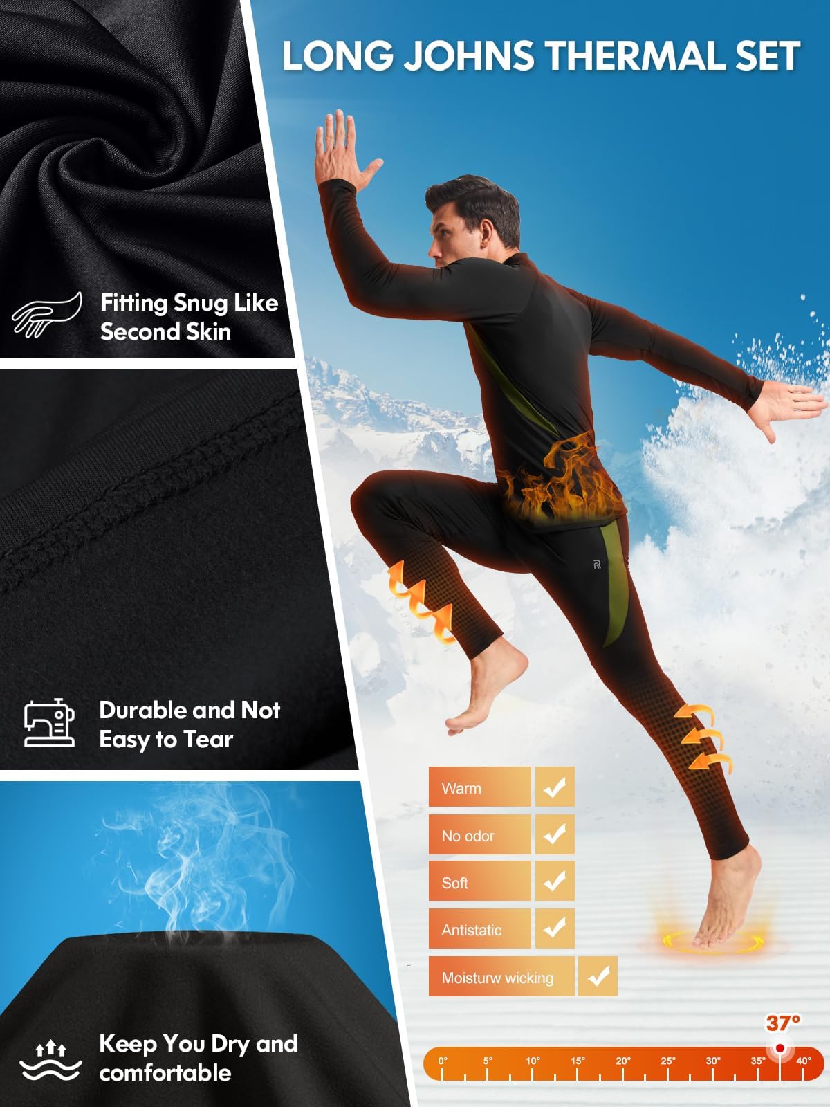 romision Thermal Underwear Long Johns for Men Fleece Lined Base Layer Cold Weather Hunting Gear Bottom and Top Set