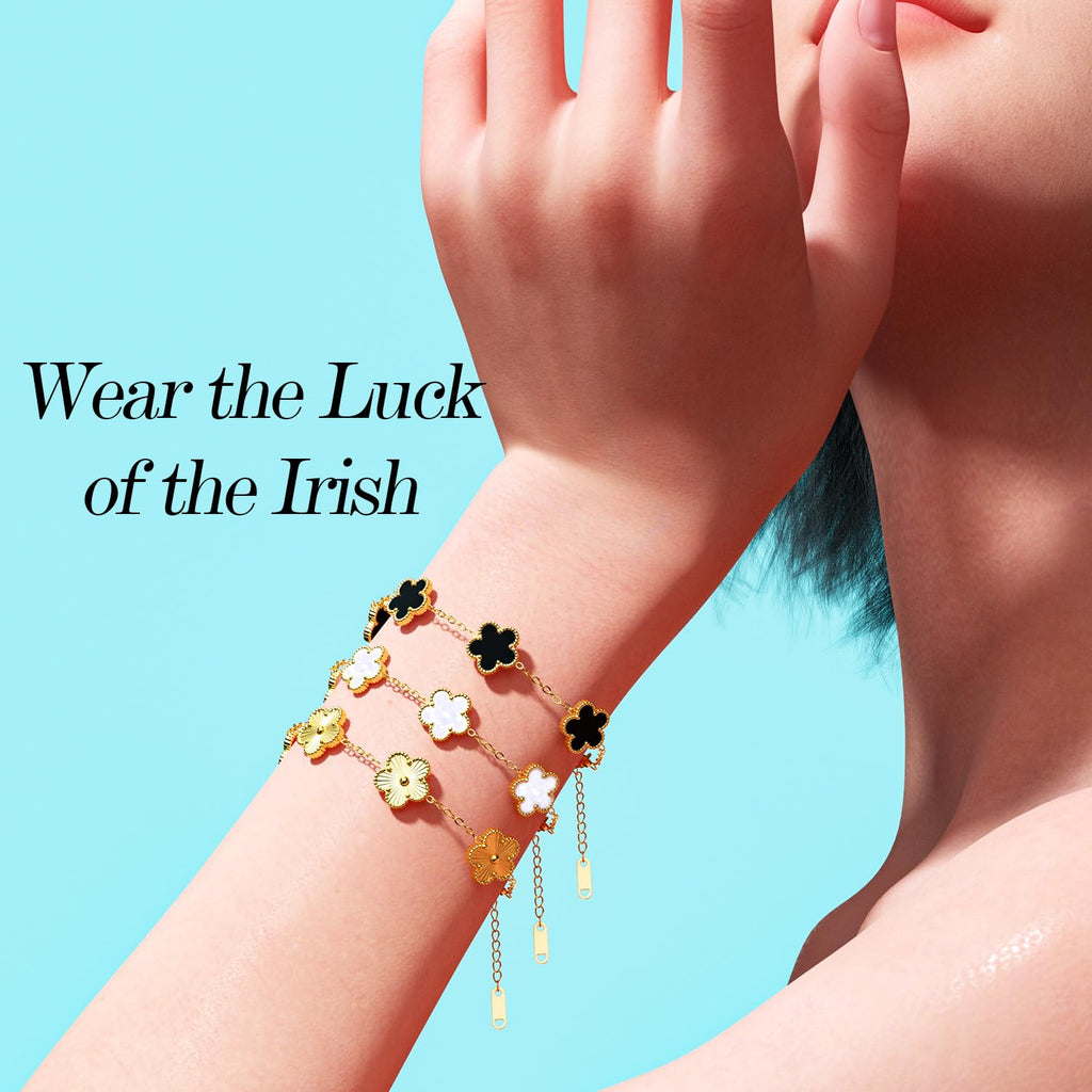 AICase 18K Gold Plated Clover Bracelet Dupes Gold/White/Black Bracelet Set for Women Flower Leaf Lucky Clover Bracelets Trendy Jewelry Birthday Gifts for Women/Mon/Friends