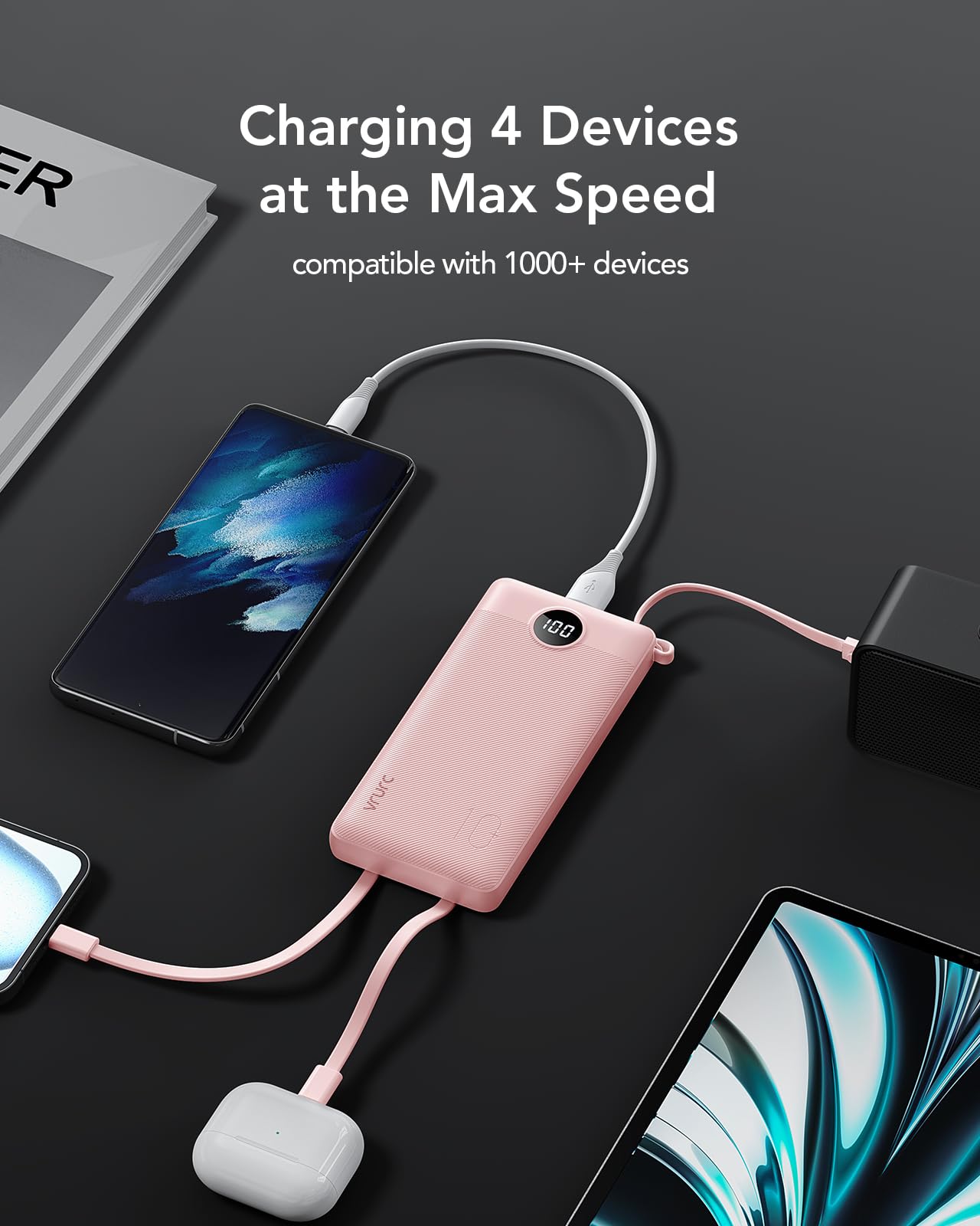 VRURC Portable Charger, 22.5W Fast Charging Power Bank Built‑in 4 Cables, 10000mAh Slim Lightweight Travel Battery Pack for iPhone, Samsung & Multi Devices, Pocket‑Friendly with Lanyard-Pink(1 Pack)