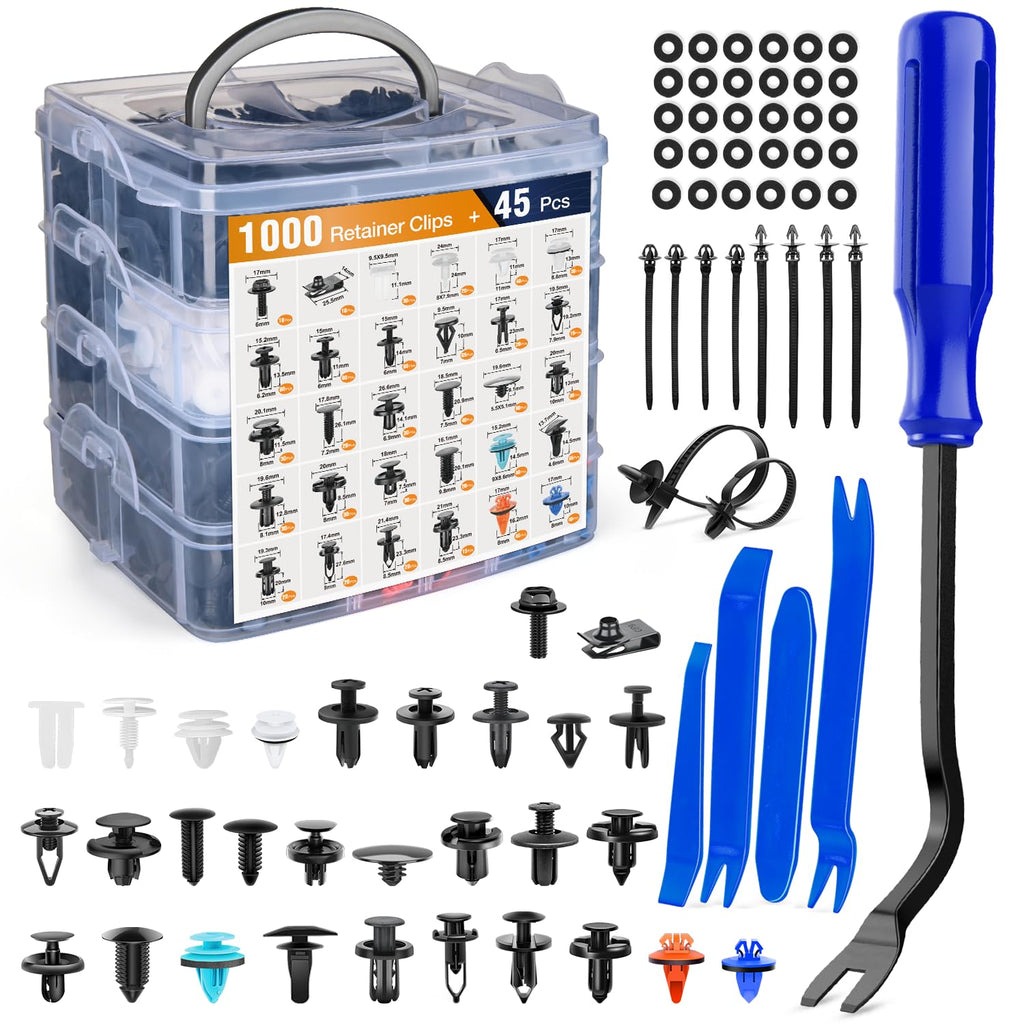 GOOACC 1045Pcs Car Push Retainer Clips & Auto Fasteners Assortment -30 Most Popular Sizes Nylon Bumper Fender Rivets with Fasteners Remover an 10 Cable Ties for Toyota GM Ford Honda Chevy