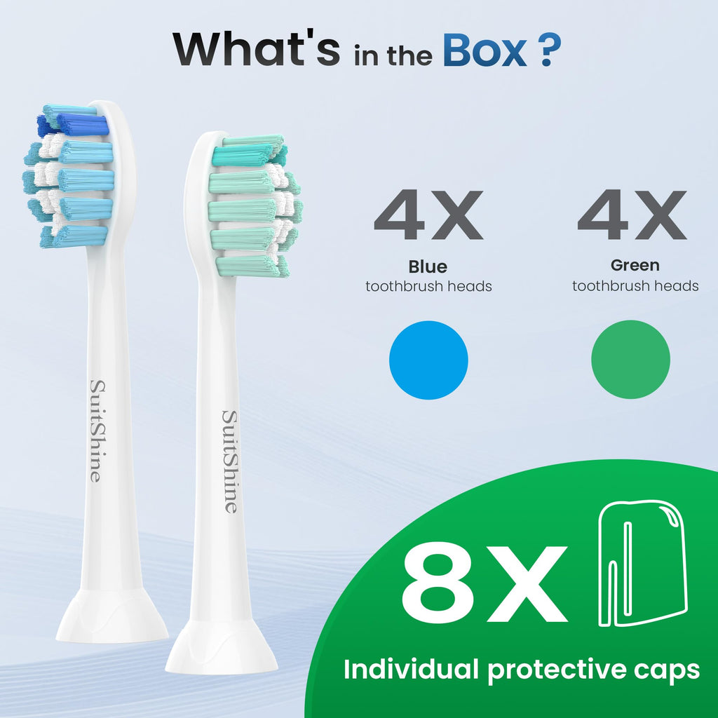 SuitShine Replacement Toothbrush Heads Compatible with Philips Sonicare and More Click-on Handles 8 Pack White