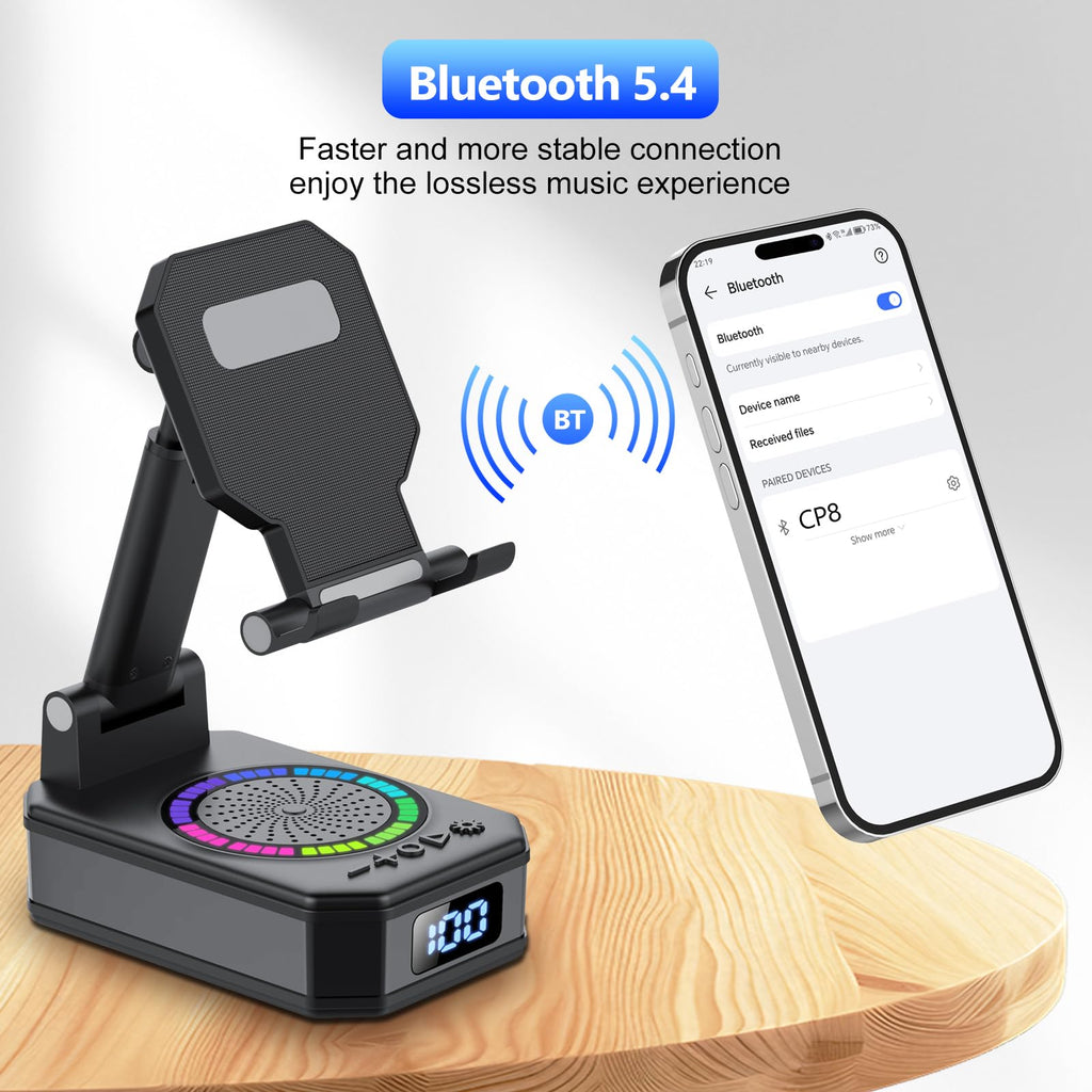 buwy Gifts for Men Women, Cell Phone Stand with Wireless Bluetooth Speaker and 8 RGB Ambient Light, Anti-Slip Base HD Surround Sound, Bluetooth Speaker for Desk Home and Outdoors