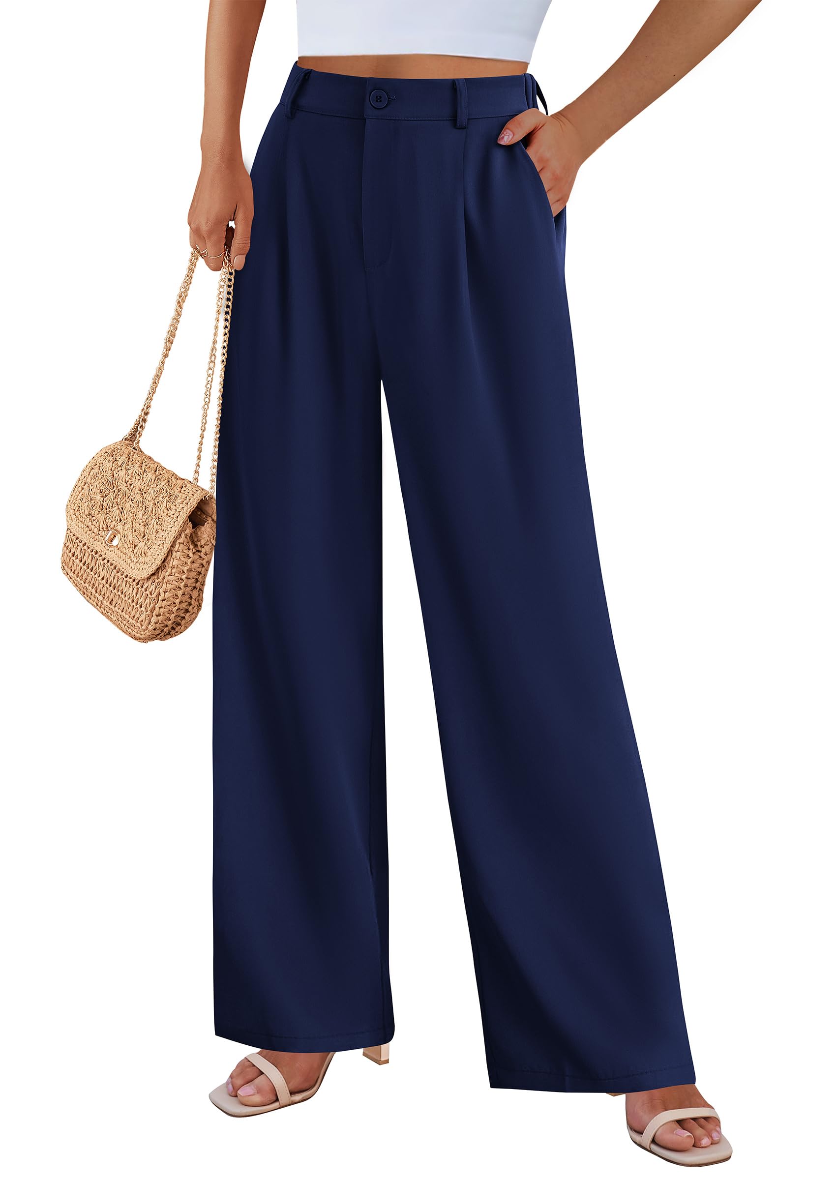 PRETTYGARDEN Wide Leg Pants for Women Trendy 2025 Fall High Waisted Business Casual Outfits Work Pant Trousers (Navy,X-Large)