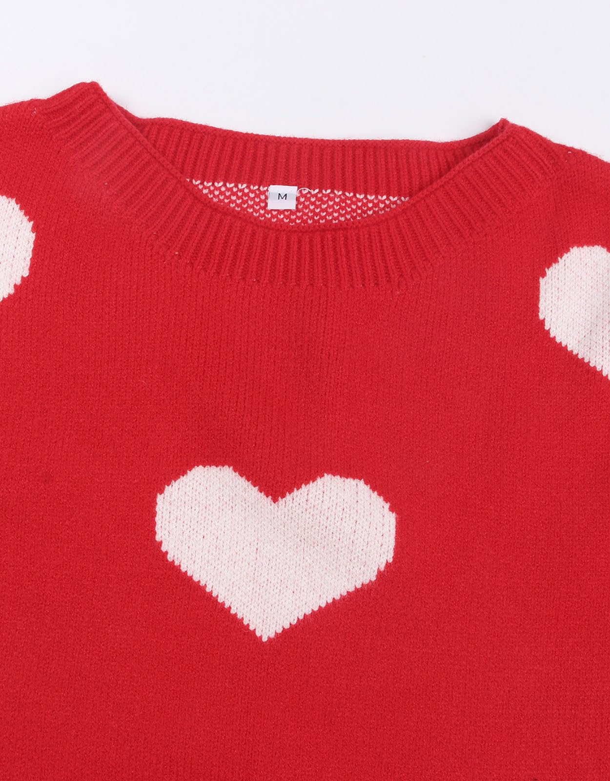 Drvitor Womens Pullover Sweaters Long Sleeve Crewneck Casual Pullover Cute Heart Pattern Knitted Sweater (Red&White, Small)