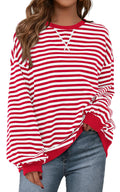 PRETTYGARDEN Women Striped Oversized Sweatshirt Color Block Crew Neck Long Sleeve Casual Pullover Top Spring Y2K Clothes (Red White, Small)
