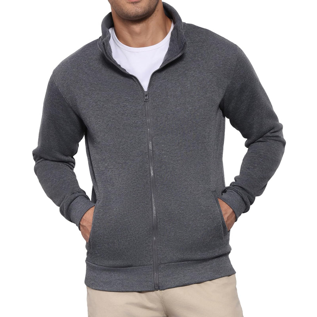 BRAPRO Men's Full-Zip Sweatshirt No Hood Hoodies Stand Collar Cardigan Pockets Jacket Casual & Active Loose Cotton Fleece Darkgrey M