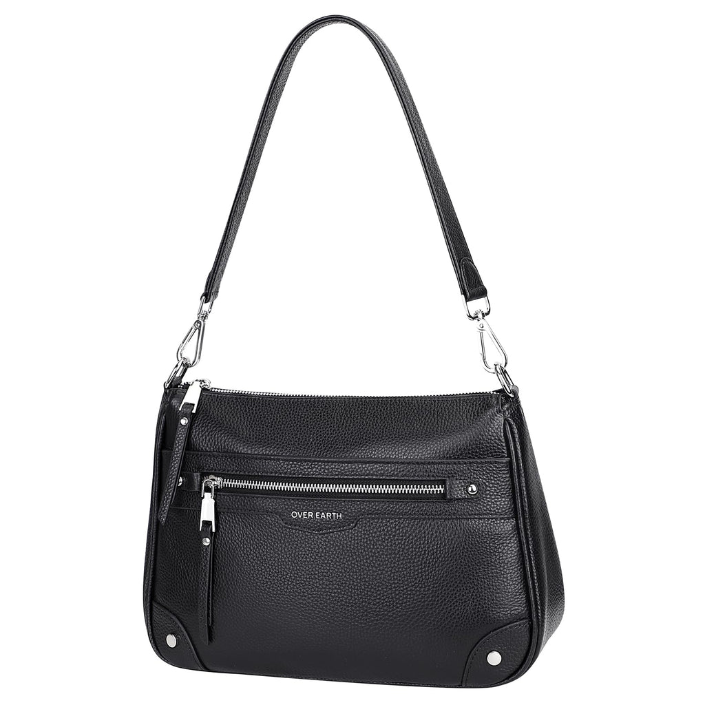 Over Earth Soft Genuine Leather Crossbody Bags for Women Medium Shoulder Purses Hobo Handbags with Multi Pockets(O190E Black)