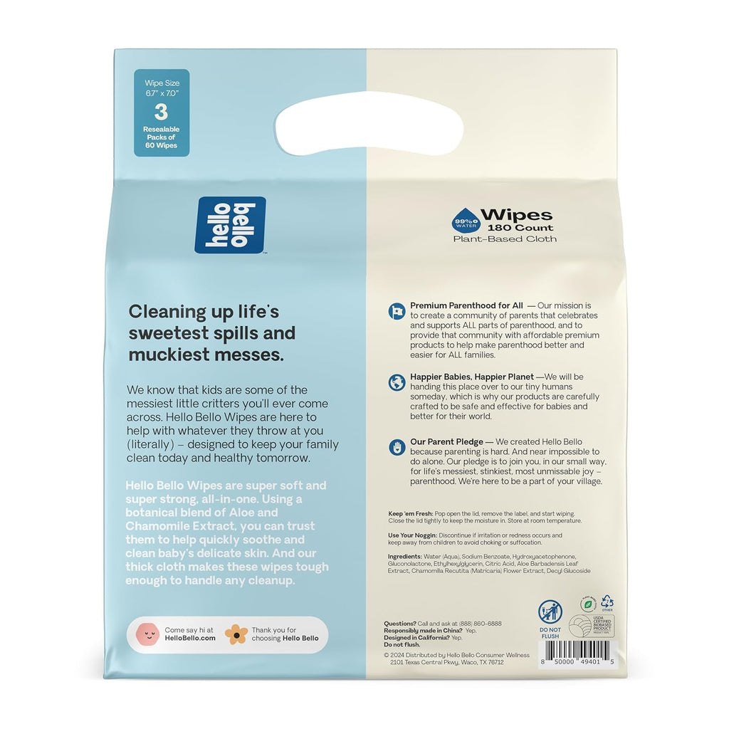 Hello Bello Extra Gentle Unscented Baby Wipes, Plant Based, Made with 99% Water and Aloe for Babies and Kids, 720 Count