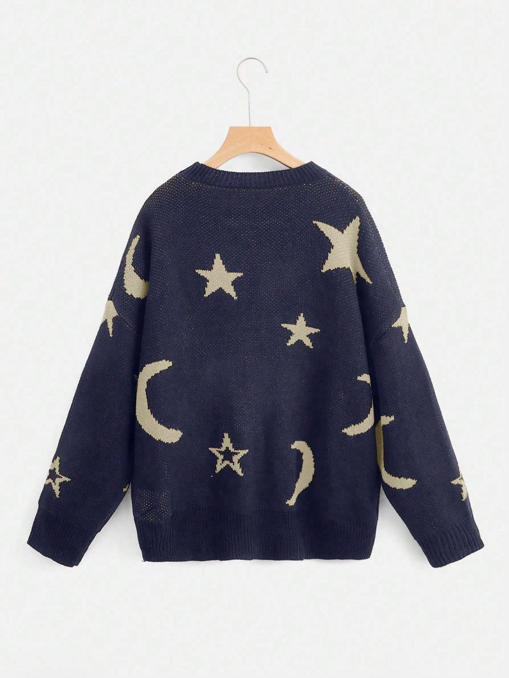 WDIRARA Women's Star Moon Print Long Sleeve Sweater Round Neck Knitted Pullovers Top Deep Blue X-Large