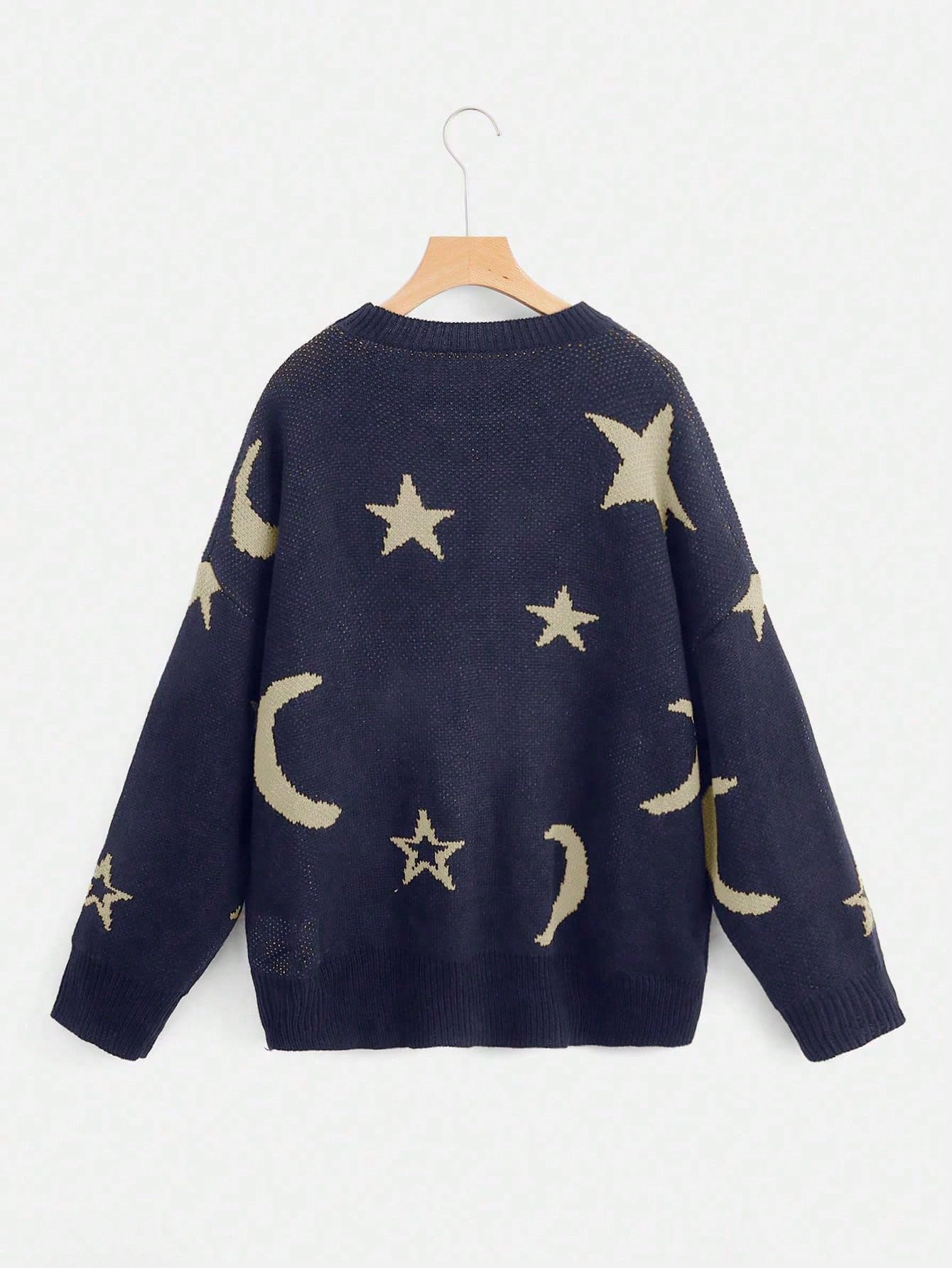 WDIRARA Women's Star Moon Print Long Sleeve Sweater Round Neck Knitted Pullovers Top Deep Blue X-Large