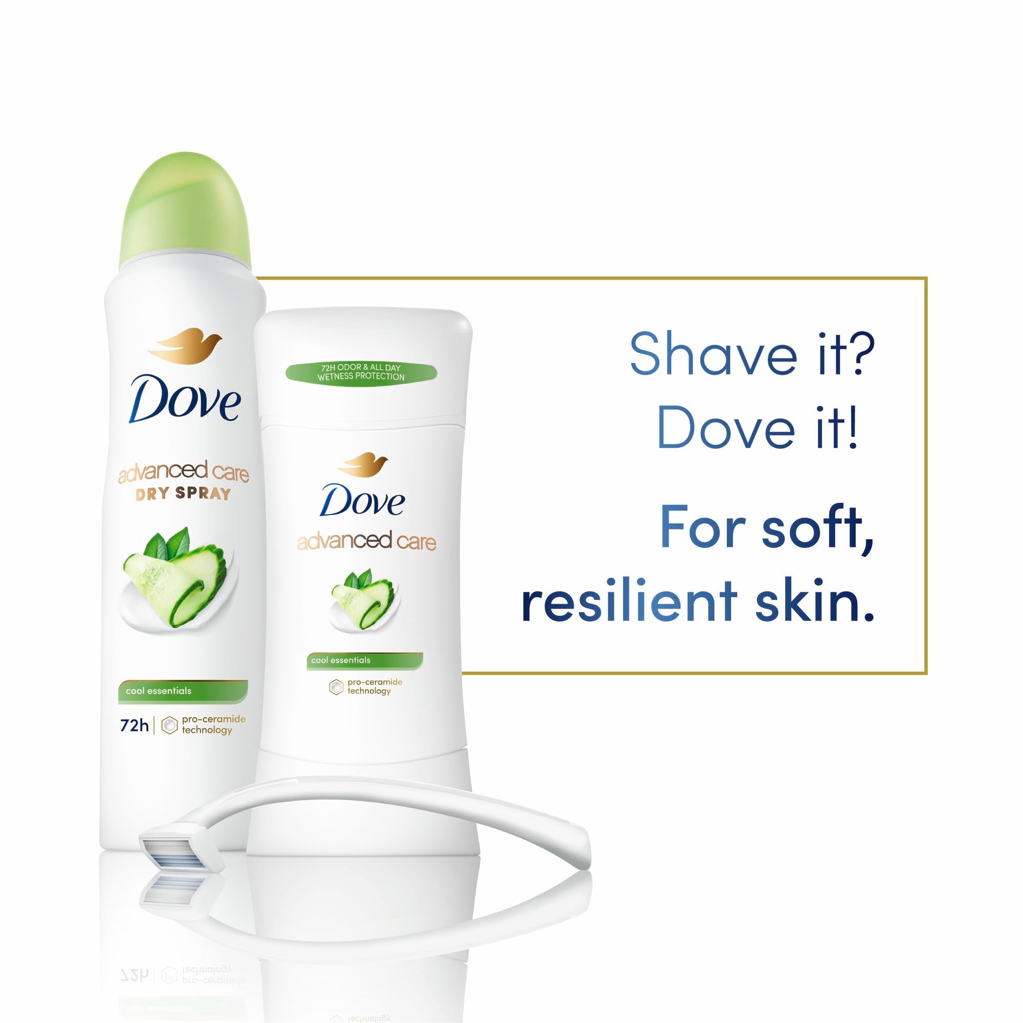 Dove Advanced Care Antiperspirant Deodorant Stick Cool Essentials 4 ct for helping your skin barrier repair after shaving 72 hour odor control and sweat protection with Pro Ceramide Technology 2.6 oz