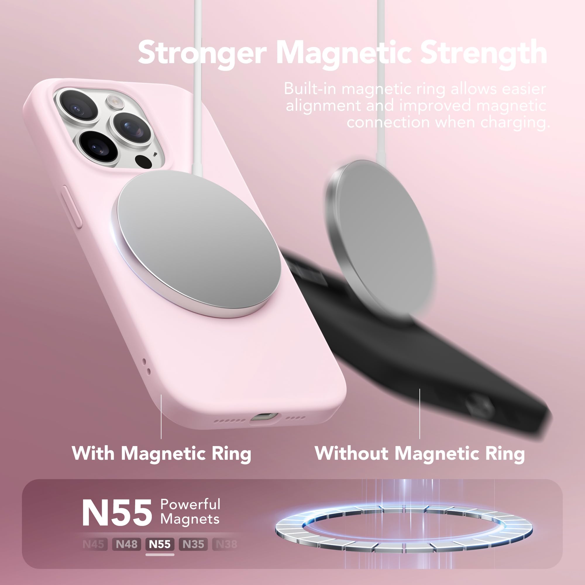 GONEZ for iPhone 15 Pro Max Case Silicone, Compatible with Magsafe, Camera Protector + Screen Protector, Soft Anti-Scratch Microfiber Lining, Liquid Silicone Shockproof Phone Cover, Chalk Pink