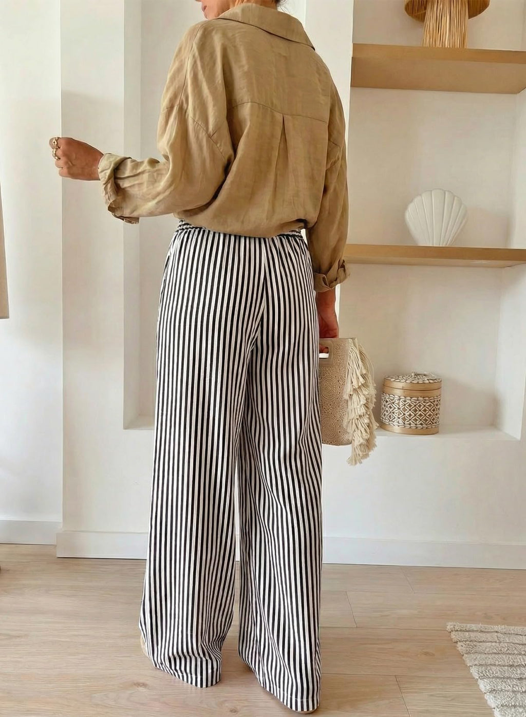 Acelitt Women Casual Striped Wide Leg Pants Drawstring Elastic High Waisted 2026 Summer Fashion Beach Pants Trousers with Pockets Black Small