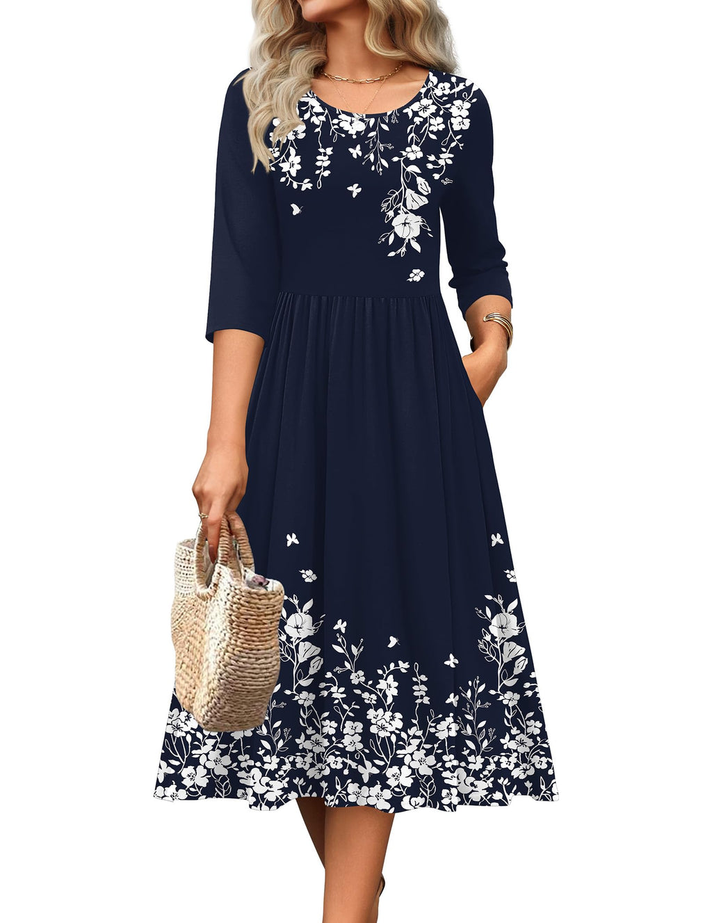 Zeagoo Casual Midi Dresses for Women 3/4 Length Sleeve Elegant Party Dress Aline Casual Floal Loose Dresses Flowy Swing Empire Waist Dress Navy Blue Floral