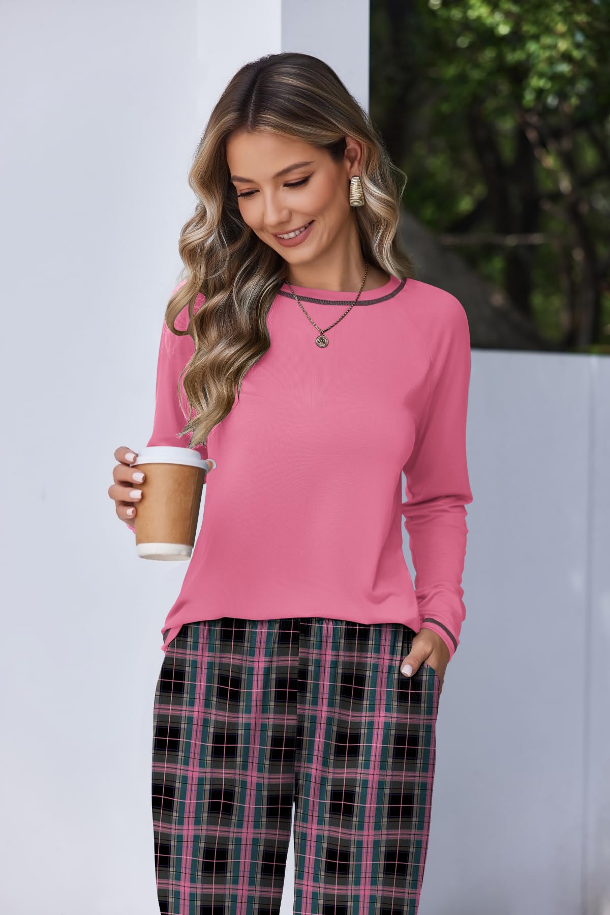 Ekouaer Women Pajama Sets 2 Piece Long Sleeves and Joggers Sleepwear Set Soft Pjs Lounge Set with Pockets Pink Plaid XL