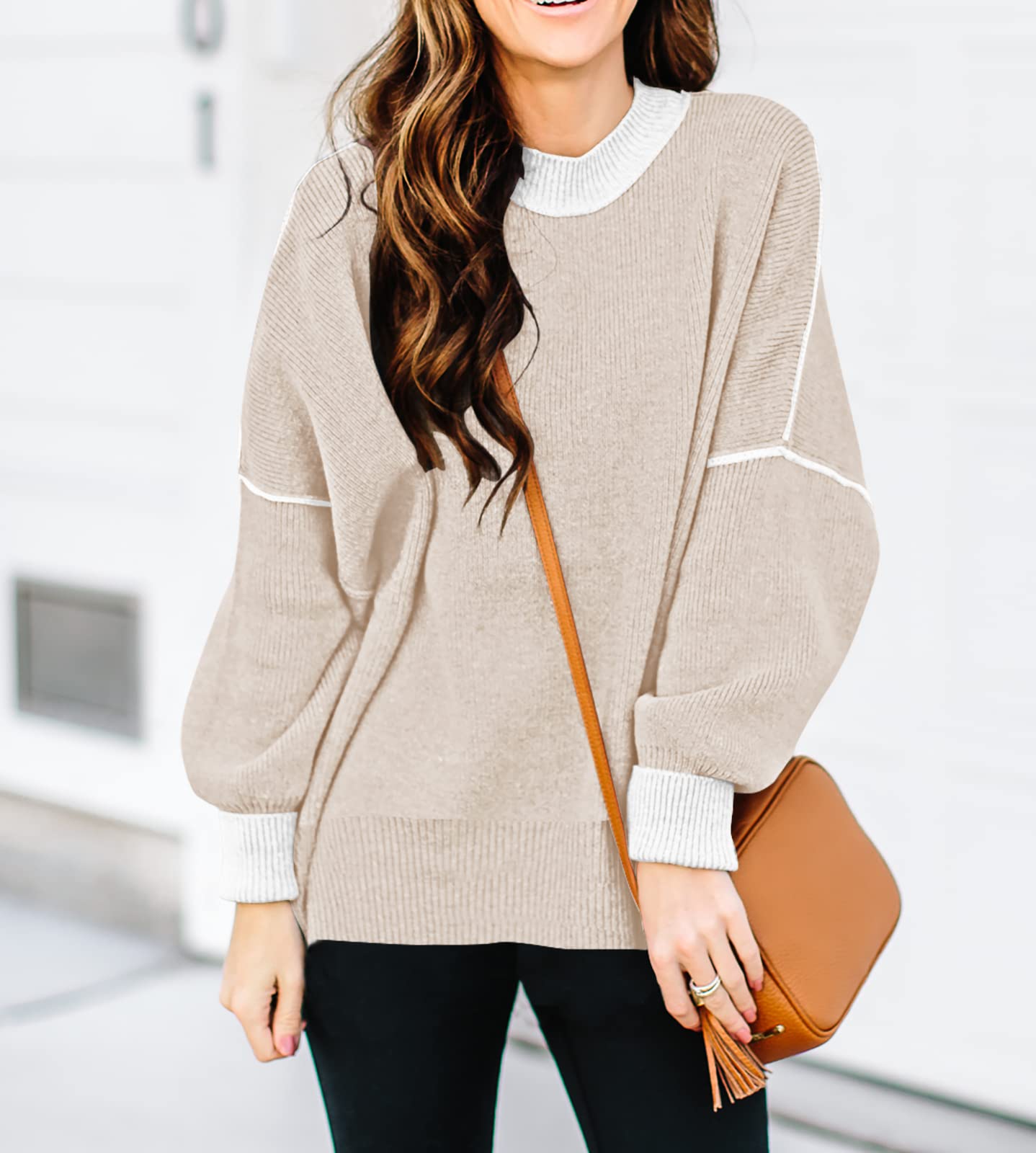 ETCYY Womens Oversized Sweaters Fall 2026 Fashion Clothes Trendy Batwing Sleeve Colorblock Striped Knit Pullover Tops,Apricot,Large