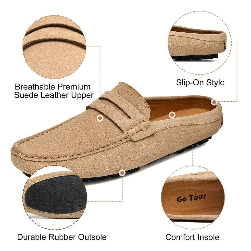 Go Tour Mens Handmade Suede Leather Mules Clog Slippers Breathable Leather Slip on Shoes Casual Loafers Beige 11/46