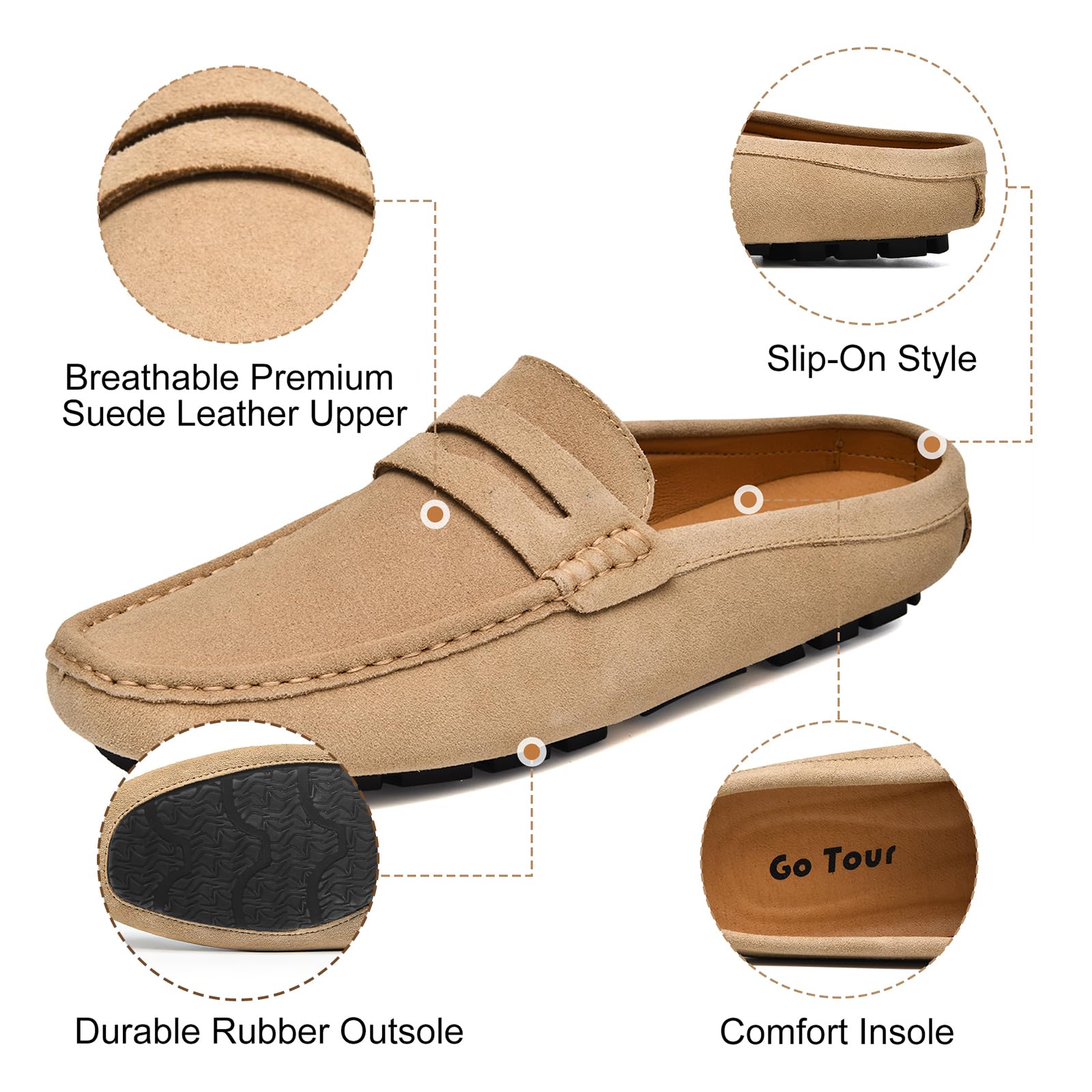 Go Tour Mens Handmade Suede Leather Mules Clog Slippers Breathable Leather Slip on Shoes Casual Loafers Beige 11/46
