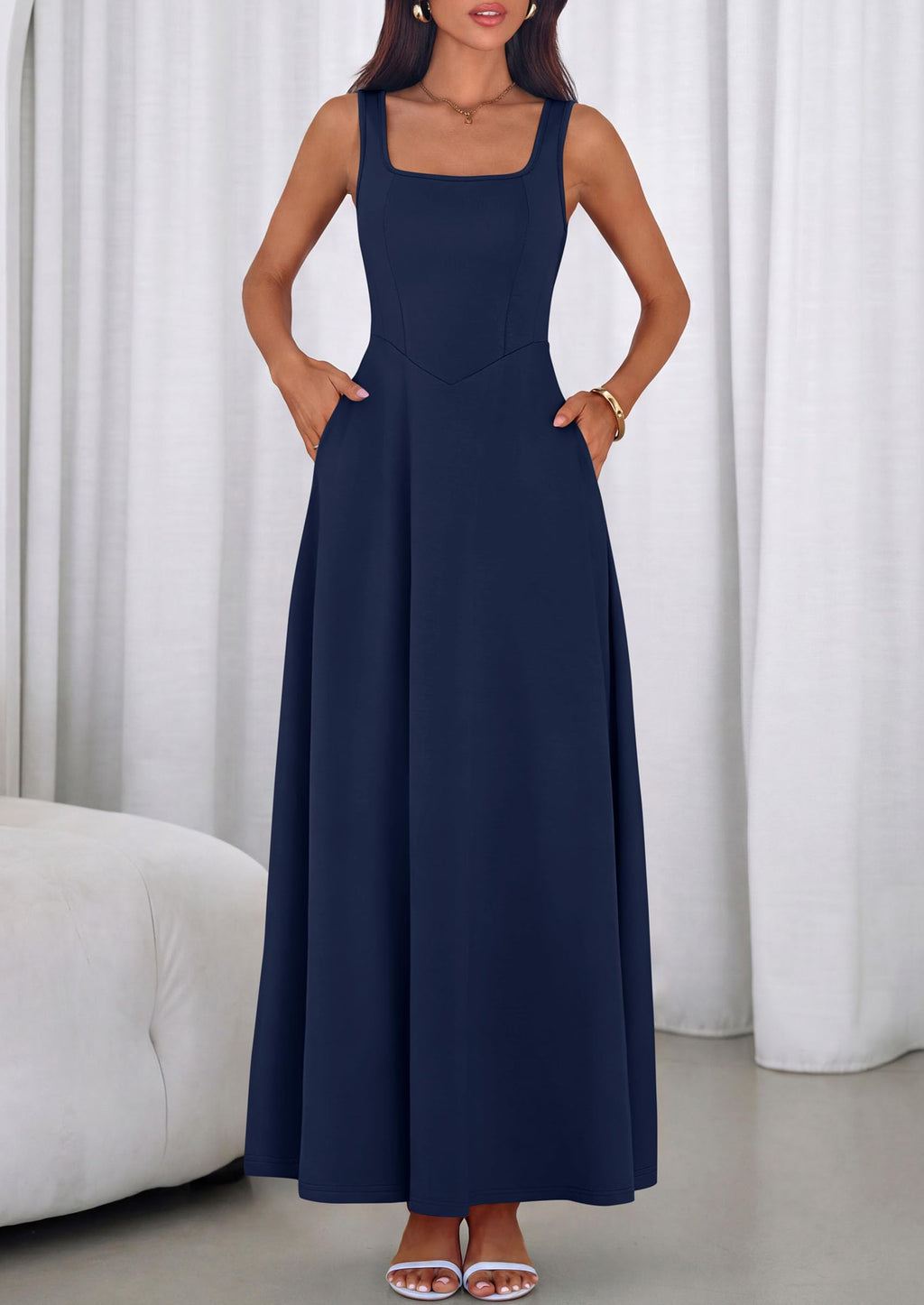 PRETTYGARDEN Womens Summer Dresses 2026 Sleeveless Elegant Square Neck Aline Swing Maxi Beach Wedding Guest Dress Pockets (Navy,Medium)