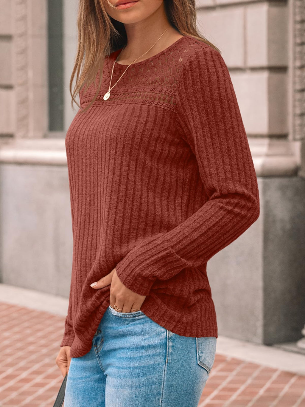 LILLUSORY Womens Lace Long sleeve Sweaters Shirts Dressy Business Casual Trendy Fall Tops Caramel M