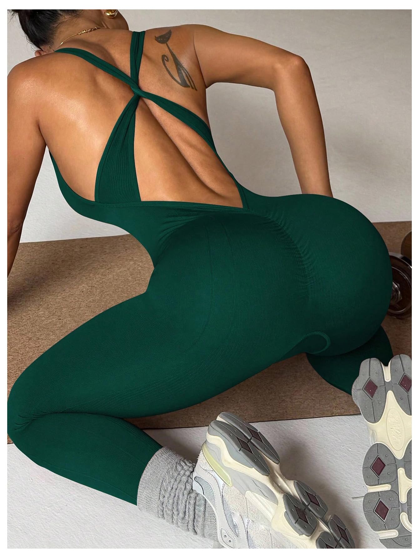 WDIRARA Women's Workout Jumpsuit V Neck Sleeveless Criss Cross Backless Yoga Jumpsuit Pants Romper Dark Green Large