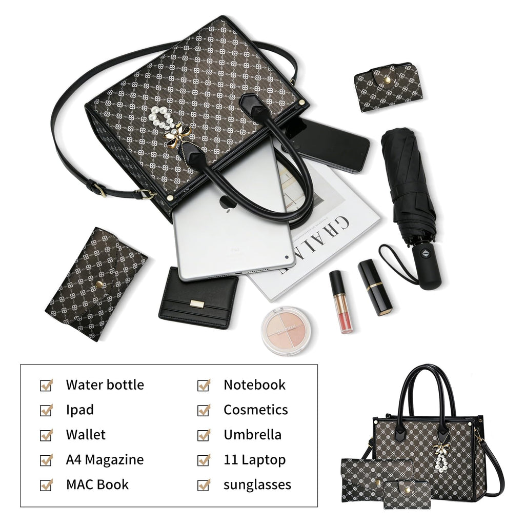 Women's Handbags Fashion, 3PCS Top Handle Bags for Women, Handbags Tote Shoulder Purse Set PU Leather Satchel Bag Adjustable Strap Work with Zippe (black)