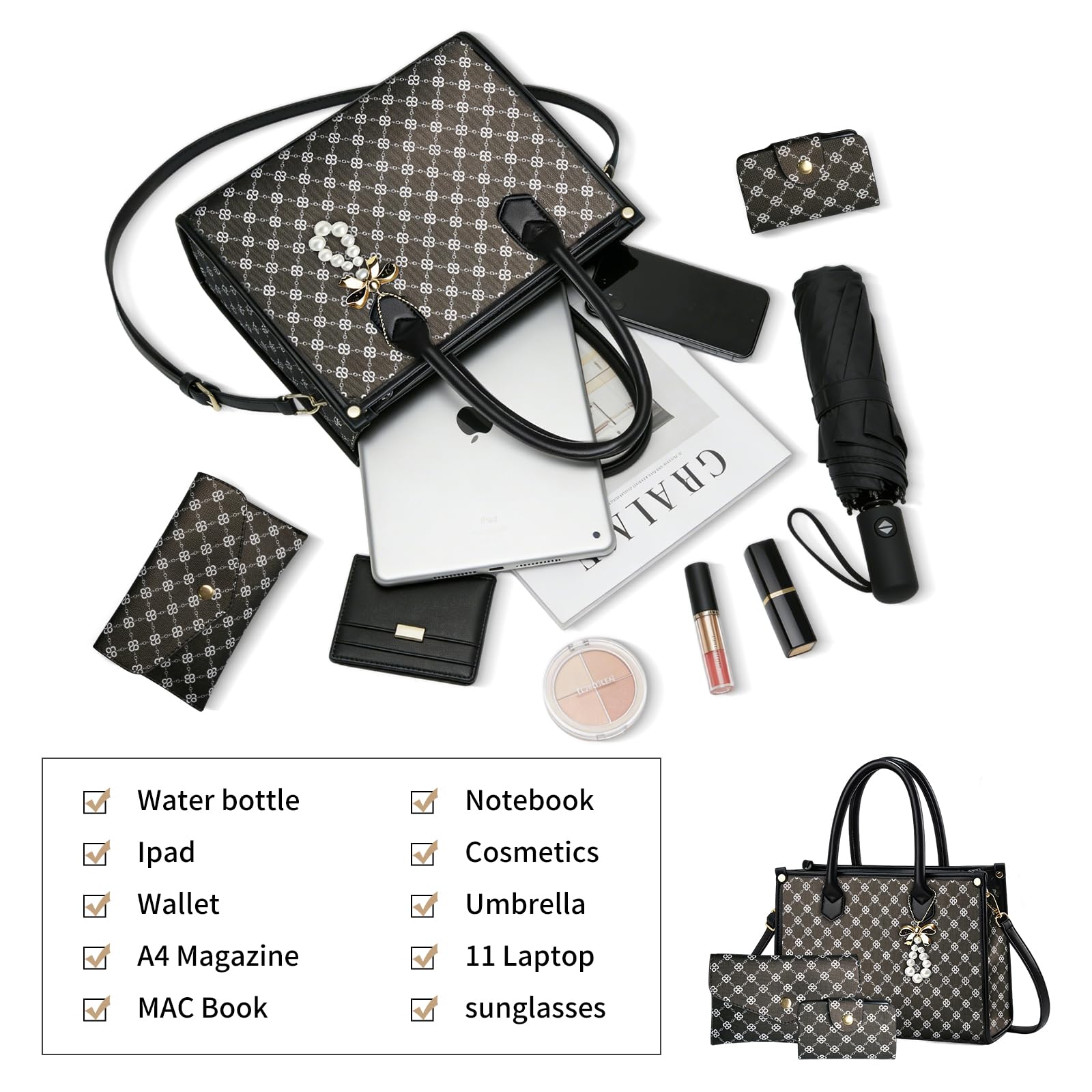 Women's Handbags Fashion, 3PCS Top Handle Bags for Women, Handbags Tote Shoulder Purse Set PU Leather Satchel Bag Adjustable Strap Work with Zippe (black)
