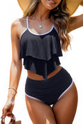 Adisputent Womens High Waisted Bathing Suits Flounce Halter Tank Top Bikini Bottoms Tummy Control Modest Swimwear Two Piece Swimsuits Tankini Black White L