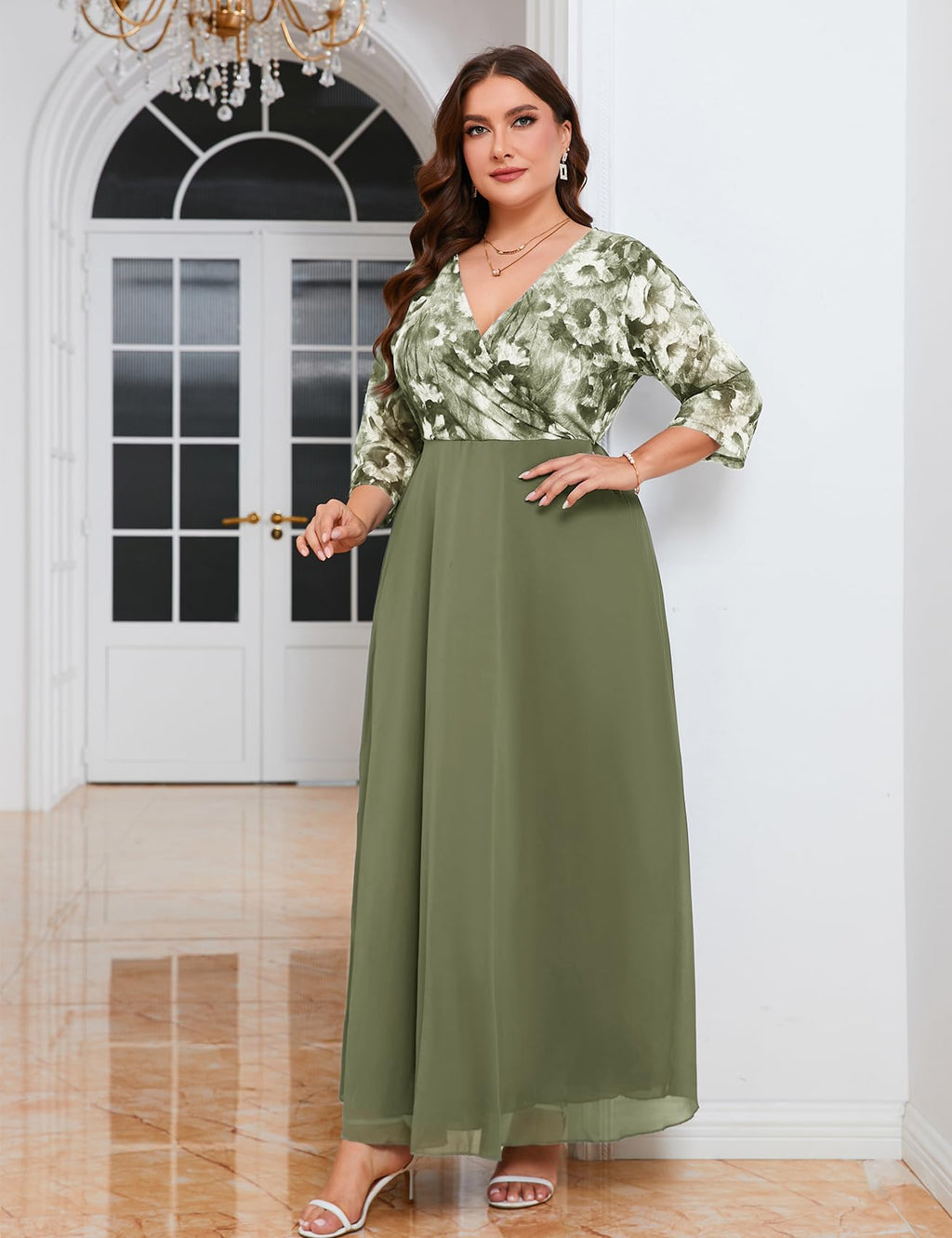 ZOMVA Plus Size Maxi Formal Dress Lace Chiffon Floral V-Neck Wrap Wedding Guest Evening Gown Cocktail Prom 3/4 Sleeves, Light Green Floral, 3X