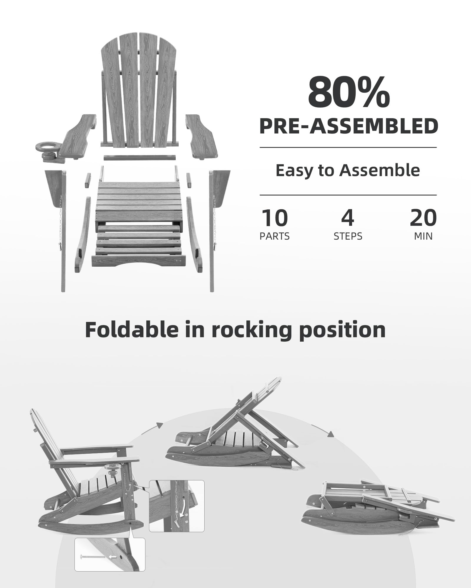Serique Folding Adirondack Rocking Chair,4-in-1 Multifunctional Patio Chair with Retractable Ottoman, Outdoor Chair Wood Texture, Lawn Chair for Porch, Backyard, Pool(Grey)