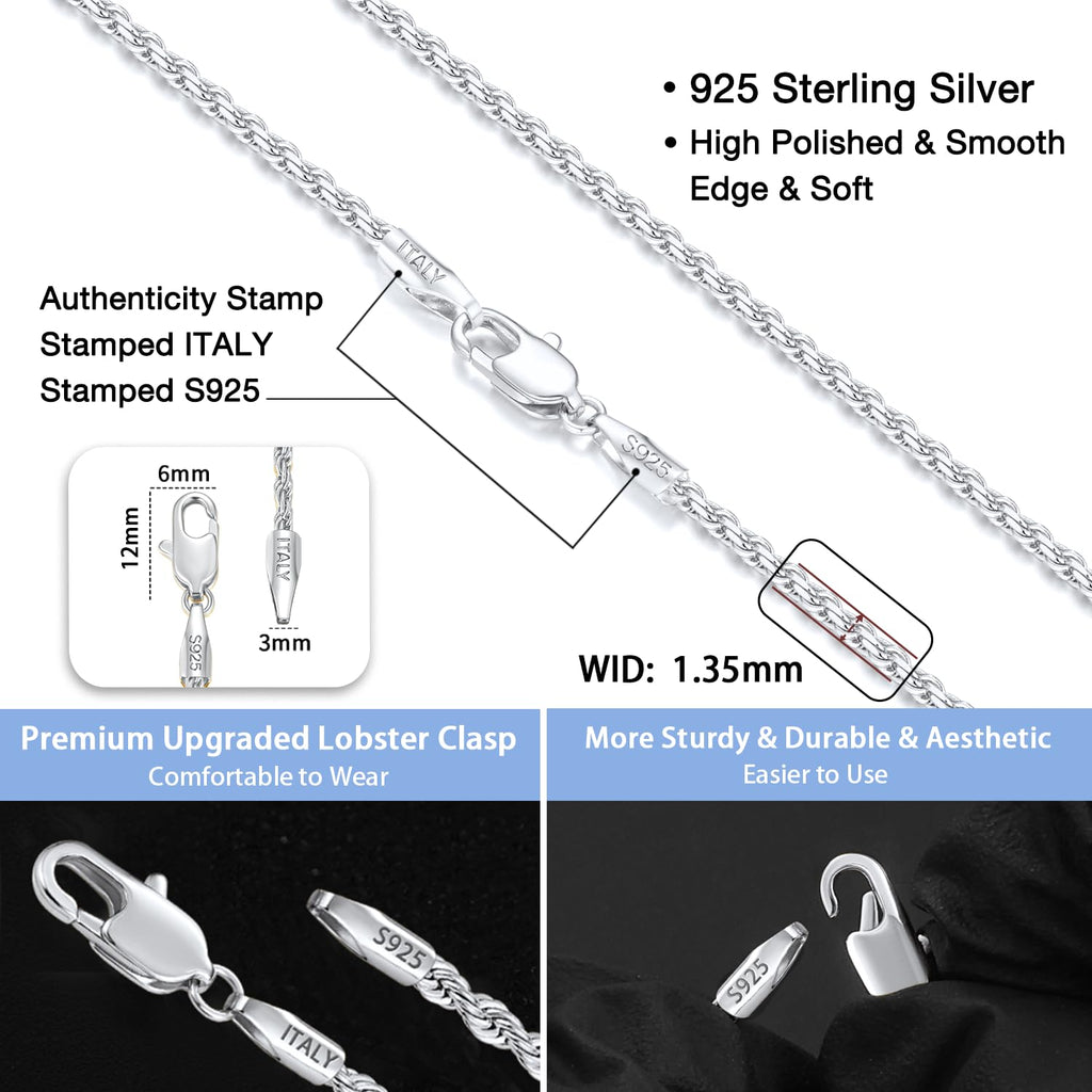 Jewlpire Diamond Cut 925 Sterling Silver Chain Rope Chain Italian Silver Necklace Chain for Women Men Super Shiny Durable 1.35mm Size 24 Inch