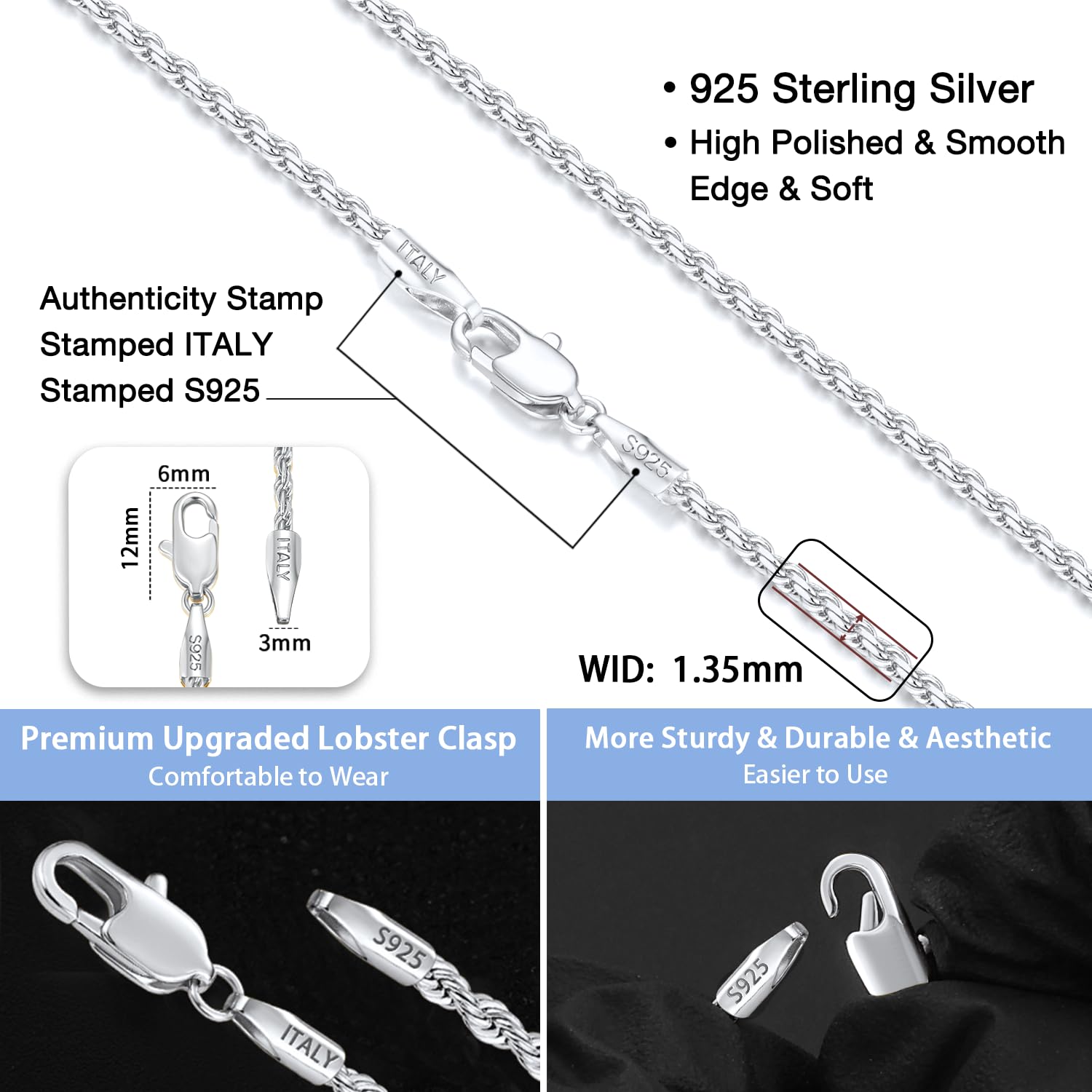 Jewlpire Diamond Cut 925 Sterling Silver Chain Rope Chain Italian Silver Necklace Chain for Women Men Super Shiny Durable 1.35mm Size 24 Inch