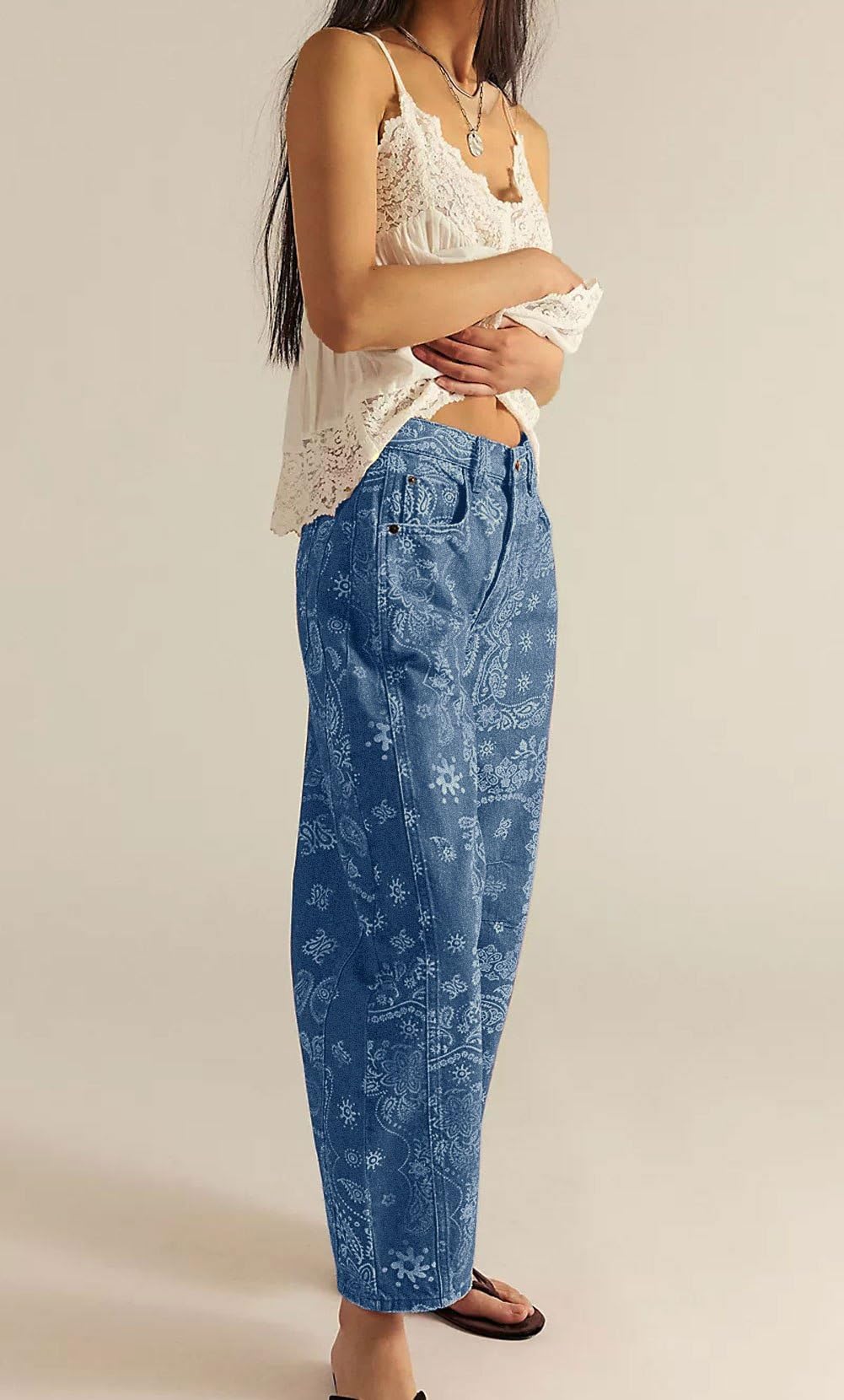 loveimgs Women Boyfriend Baggy Barrel Jeans Floral Print Denim Ankle Pants Wide Leg Mid Rise Jeans Sweatpants Y2k Patchwork (X-Small,Blue)