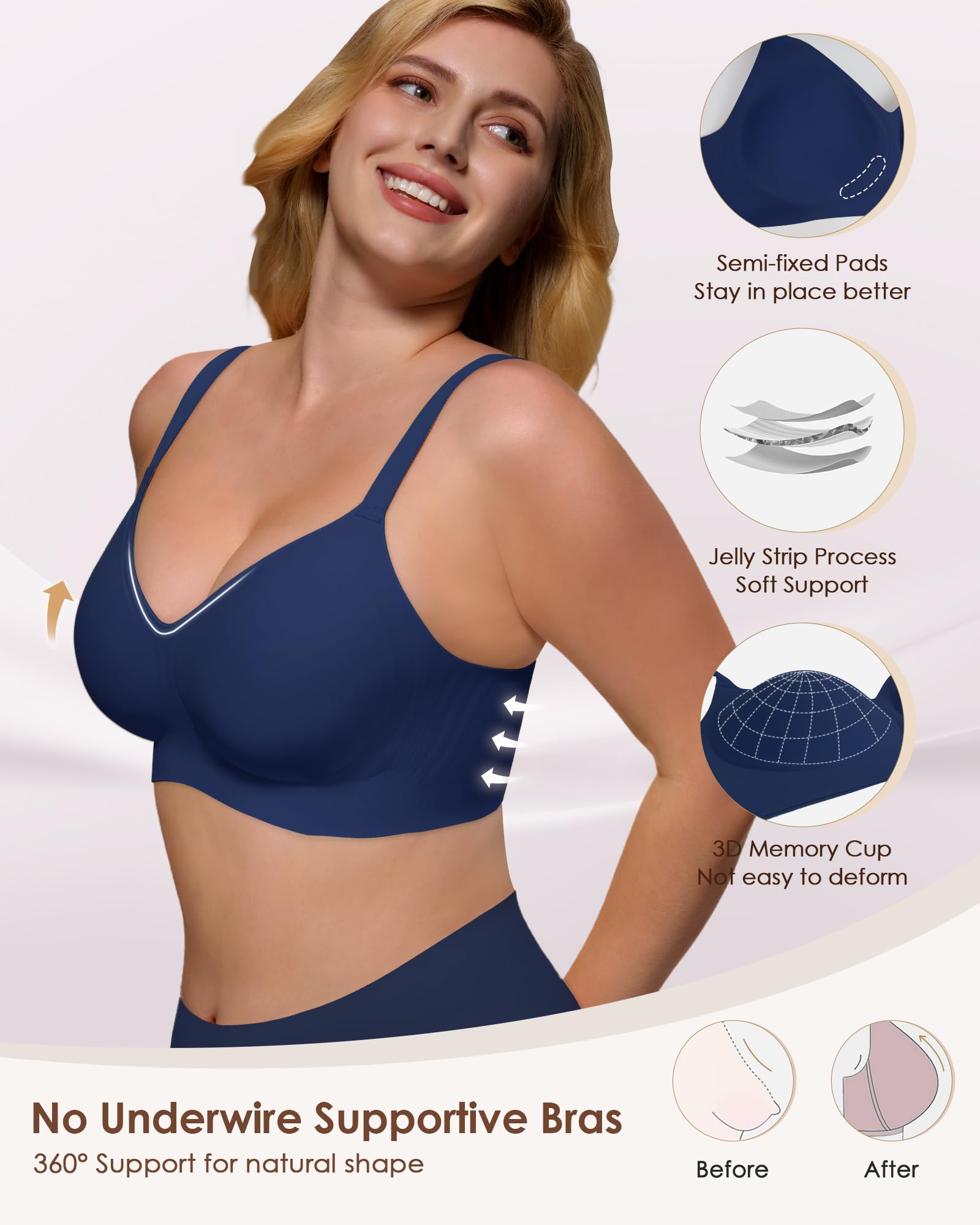 As Fairy Womens Soft Comfortable No Underwire Bras V Neck Seamless Push Up Bralettes Full Coverage Tshirt Brassiere Navy Blue 36B