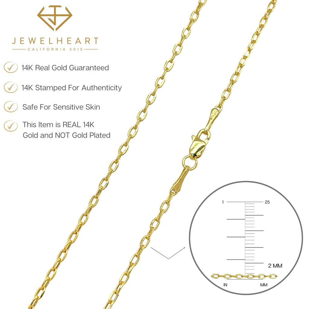 JEWELHEART 14K Real Gold Link Chain Necklace - 2mm Diamond Cut Cable Chain - Dainty 14K Yellow Gold Necklace For Women with Lobster Clasp 18"