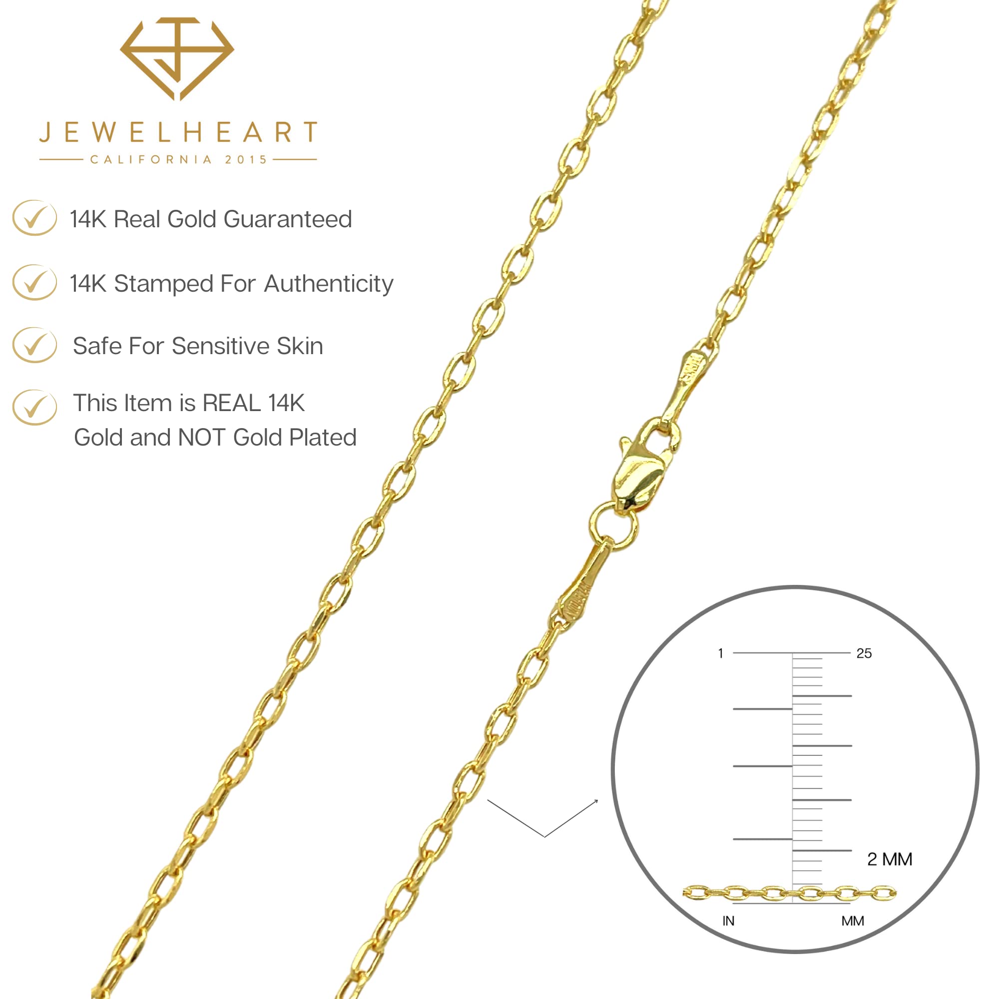 JEWELHEART 14K Real Gold Link Chain Necklace - 2mm Diamond Cut Cable Choker Chain - Dainty 14K Yellow Gold Necklace For Women with Lobster Clasp 14"