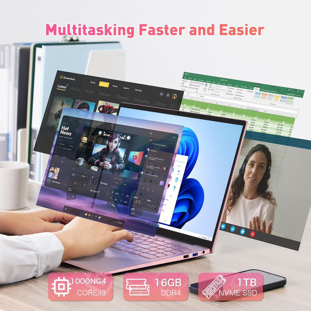 Auusda 16" FHD Traditional Laptop Computers, i3 Processor, WiFi 6 Bluetooth 5.3, Laptops Notebook for Home Office Study, Type-C, Backlit Keyboard, Fingerprint Unlock, Win11 Pro 16GB RAM 1TB SSD Pink