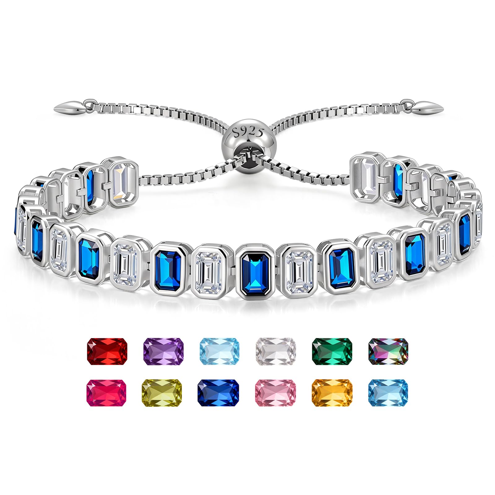 ETERMBOL September Birthstone Bracelets for Women, Sterling Silver Tennis Bracelets Emerald Cut Bezel Set with Adjustable Chain, Elegant Anniversary, Birthday or Valentine's Day Gift