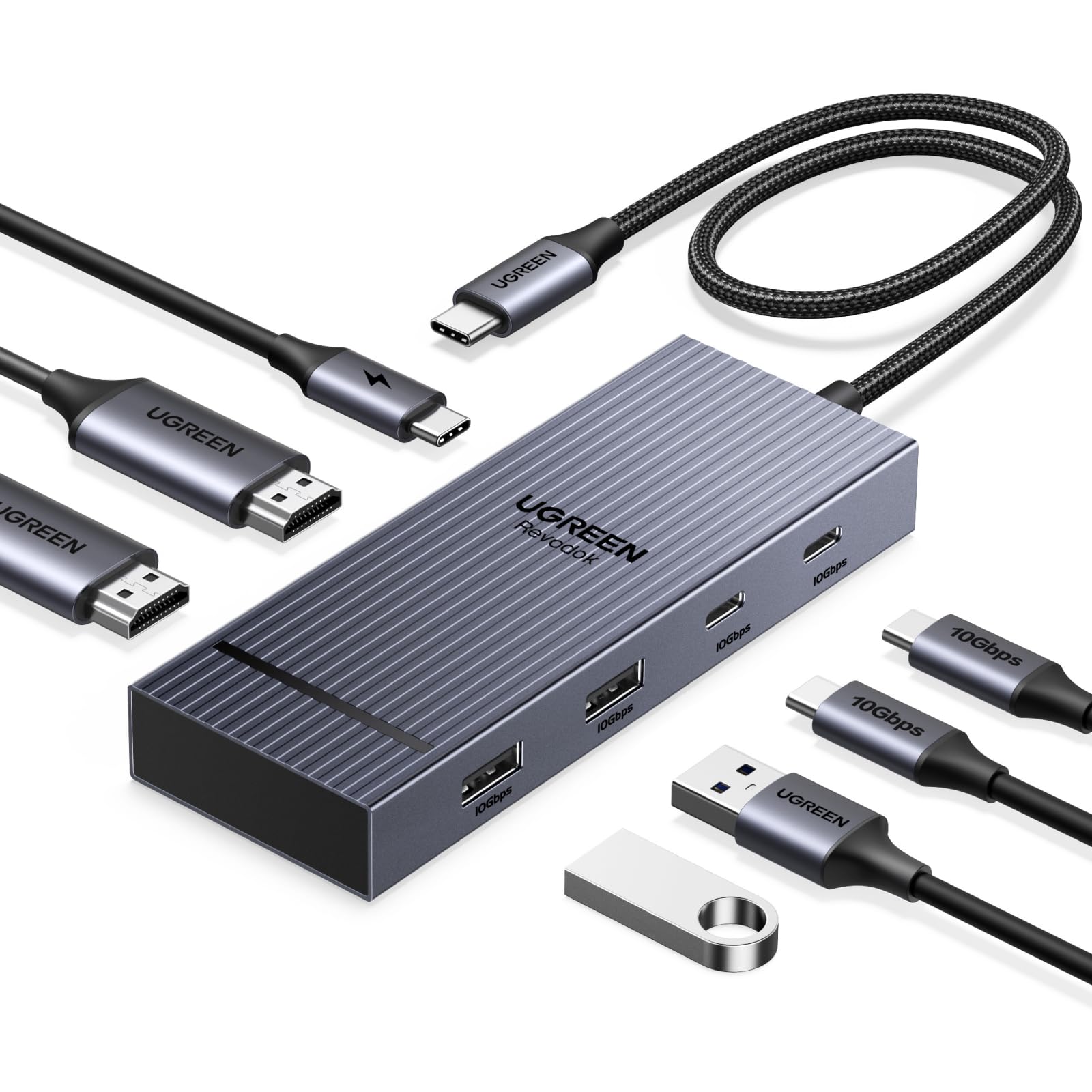 UGREEN 7 in 1 Docking Station Dual Monitor, USB C Hub Dual 4K@60Hz HDMI Display, 10Gbps USB-A/C Data Ports, 100W PD, Aluminum Revodok Pro Laptop Docking Station for HP, Thinkpad, Dell and More