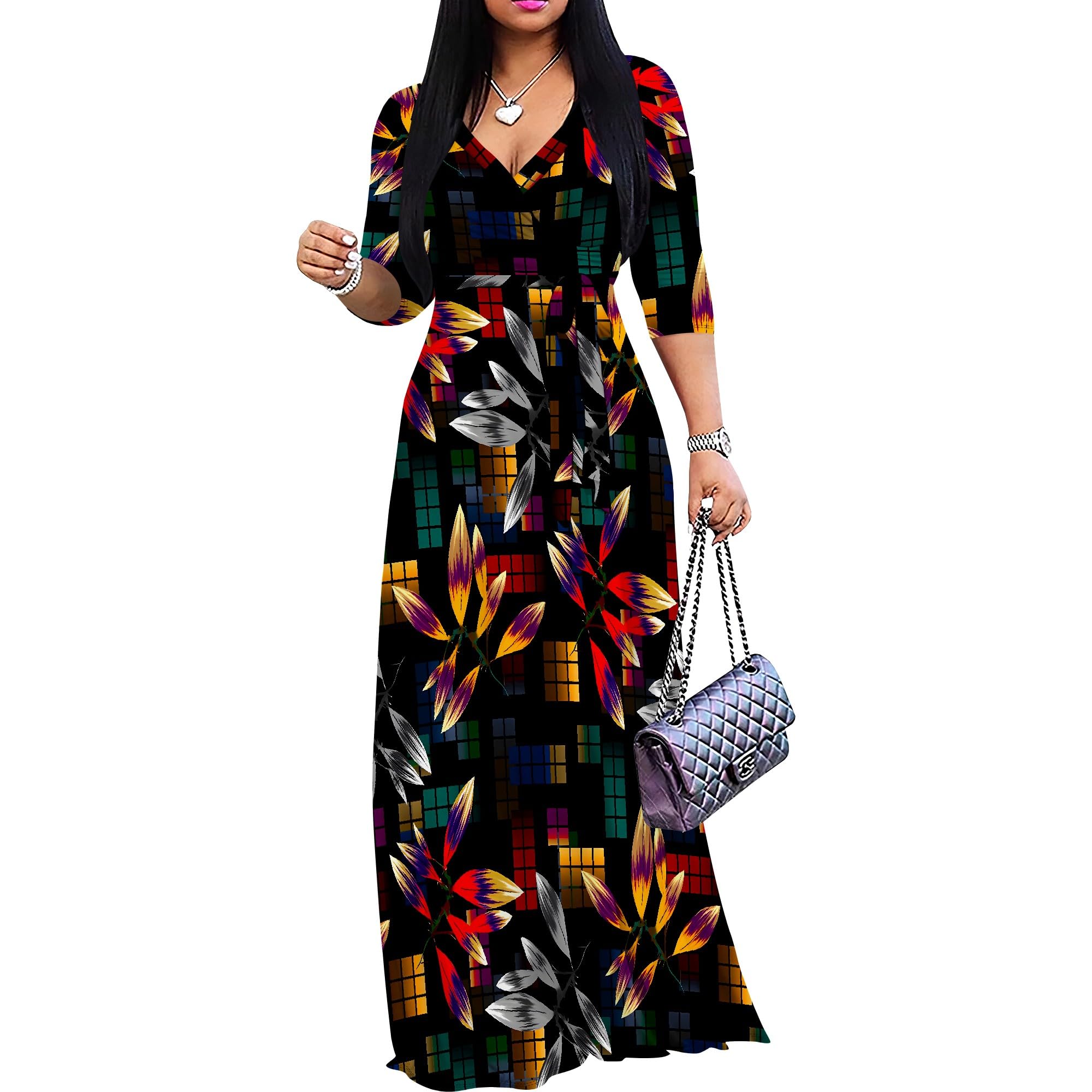 PinkPatty Sexy Maxi Dress for Women Chic Printed 3/4 Sleeve Evening Weeding Guest Dress with Pockets