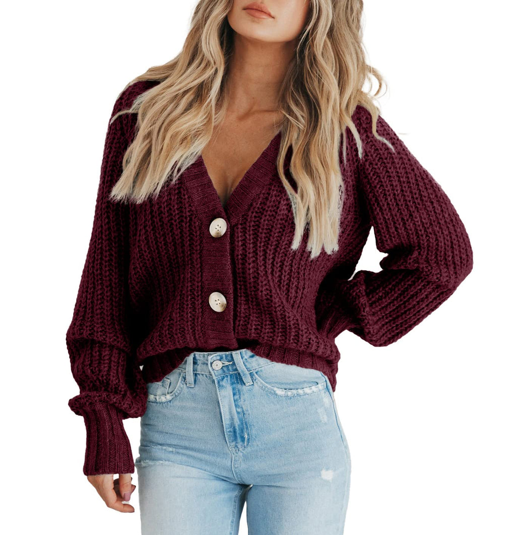 PRETTYGARDEN Women's Long Sleeve Plain Button Down Sweater Classic V-Neck Knit Cardigan Open Loose Outwear Coats (Wine Red,Small)