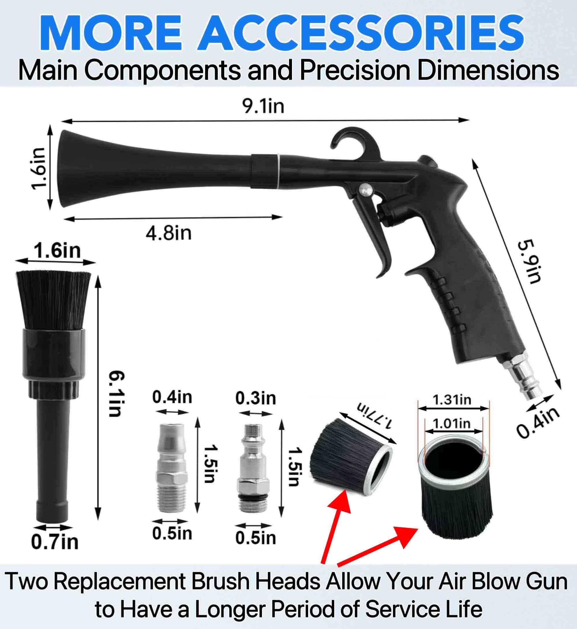 Car Cleaning Gun,High Pressure Air Blow Gun,Fast Interior Dryer Car Detailing Kit,Car Detailing Tools for Quickly Blowing Dust and Dirt Away Working with Compressed Air(2 MORE REPLACEMENT BRUSH HEADS)