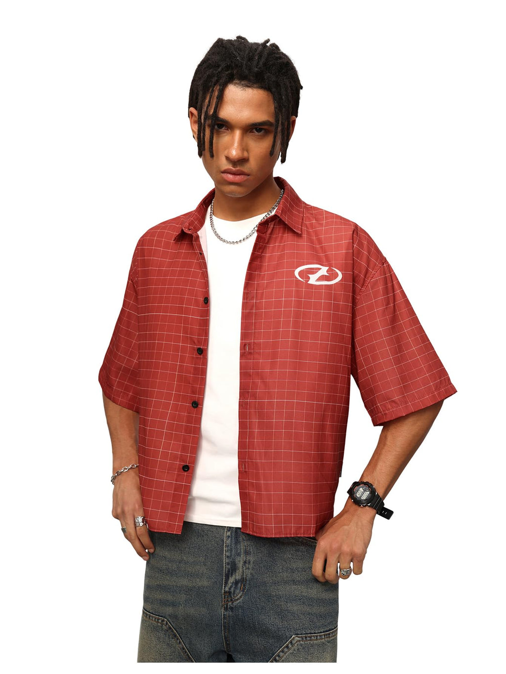 VIPWOLF Men's Gingham Cropped Shirt Oversized Baggy Short Sleeve Collared Button Up Plaid Boxy Streetwear Tees Tshirts Red Large
