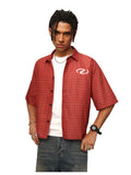VIPWOLF Men's Gingham Cropped Shirt Oversized Baggy Short Sleeve Collared Button Up Plaid Boxy Streetwear Tees Tshirts Red Large