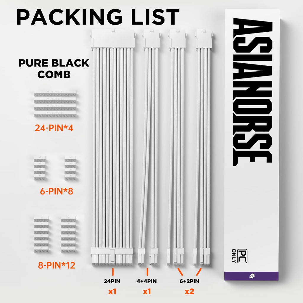 AsiaHorse 16AWG PSU Cable Extension Sleeved Custom Mod GPU PC Audio Video Power Supply Soft Braided Cables with Two Color Comb Kit 24P/8P to 6+2P/ 8P to 4+4P 30CM
