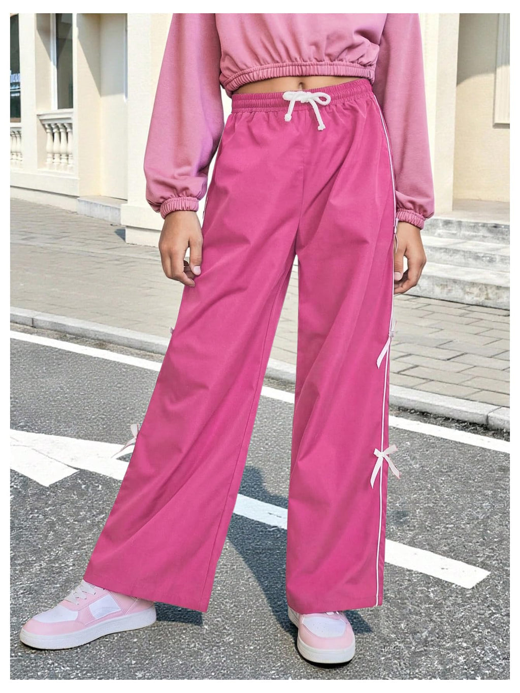 WDIRARA Girl's Bow Side Waist Track Pants Cute Wide Leg Trousers Hot Pink White 10Y