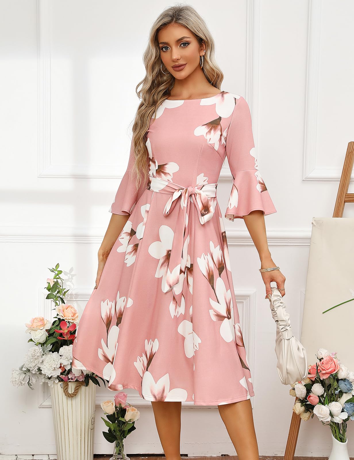 HomRain Modest for Church Elegant 3/4 Sleeve Dress for Women Casual Work Bell Sleeve Dresses for Formal Bridesmaid Wedding Guest Blush-White-Flower XL