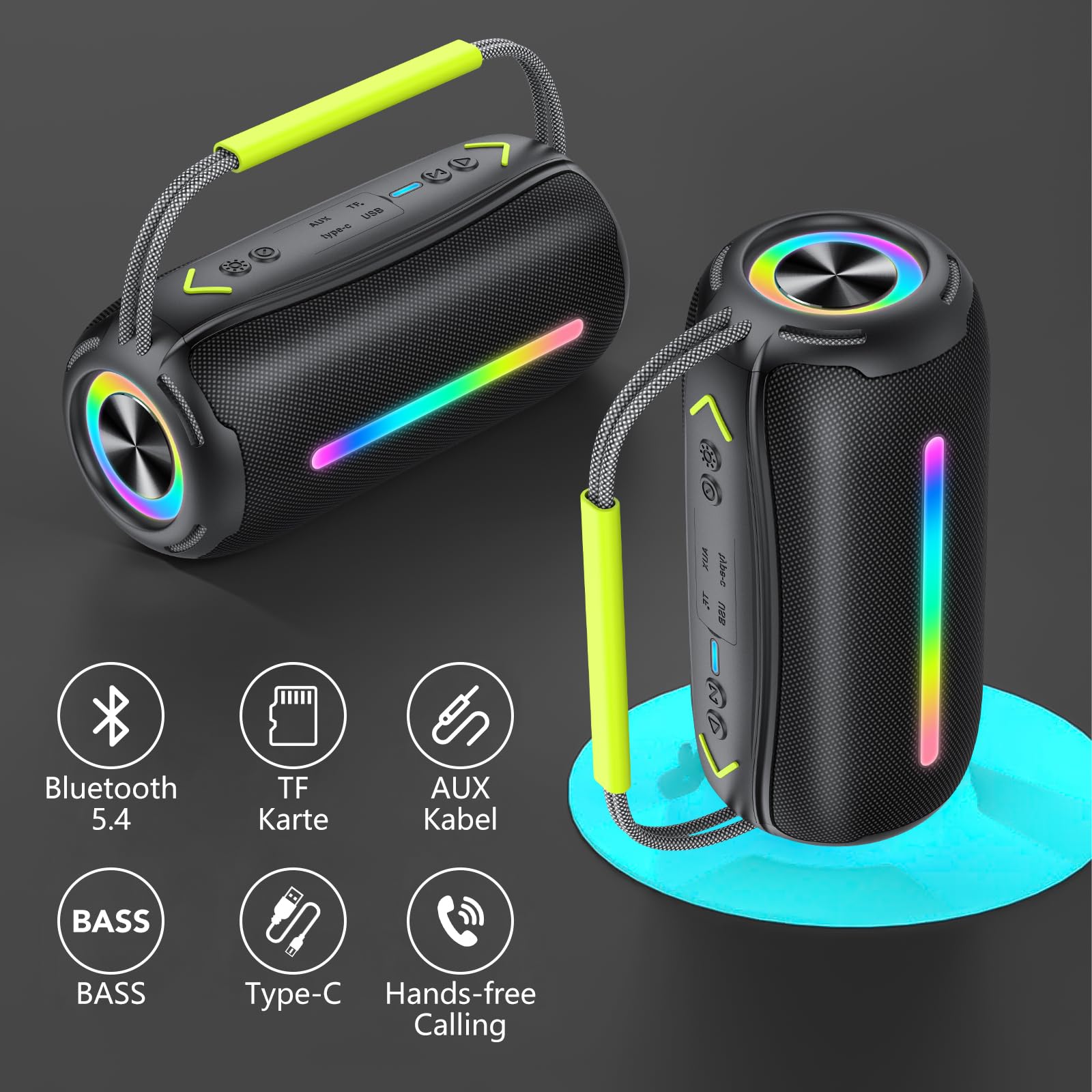 aowoka Bluetooth Speaker Portable Wireless Bluetooth Speakers with HD Stereo Sound, BT 5.4 TWS Pairing, IPX7 Waterproof, 30H Battery Life with Led Light for Outdoor/Party/Sport/Travel/Gifts