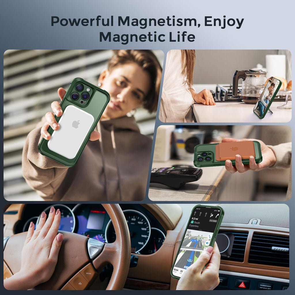 MOCCA Design for iPhone 14 Pro Case with Magnetic Invisible Stand [Full Camera Protection] [Compatible with Magsafe] Military Drop Shockproof Translucent Matte Phone Case Cover 6.1",Dark Green